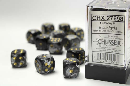 [ลูกเต๋า] Chessex: Lustrous Black/Gold 16mm d6 Dice Set (12)