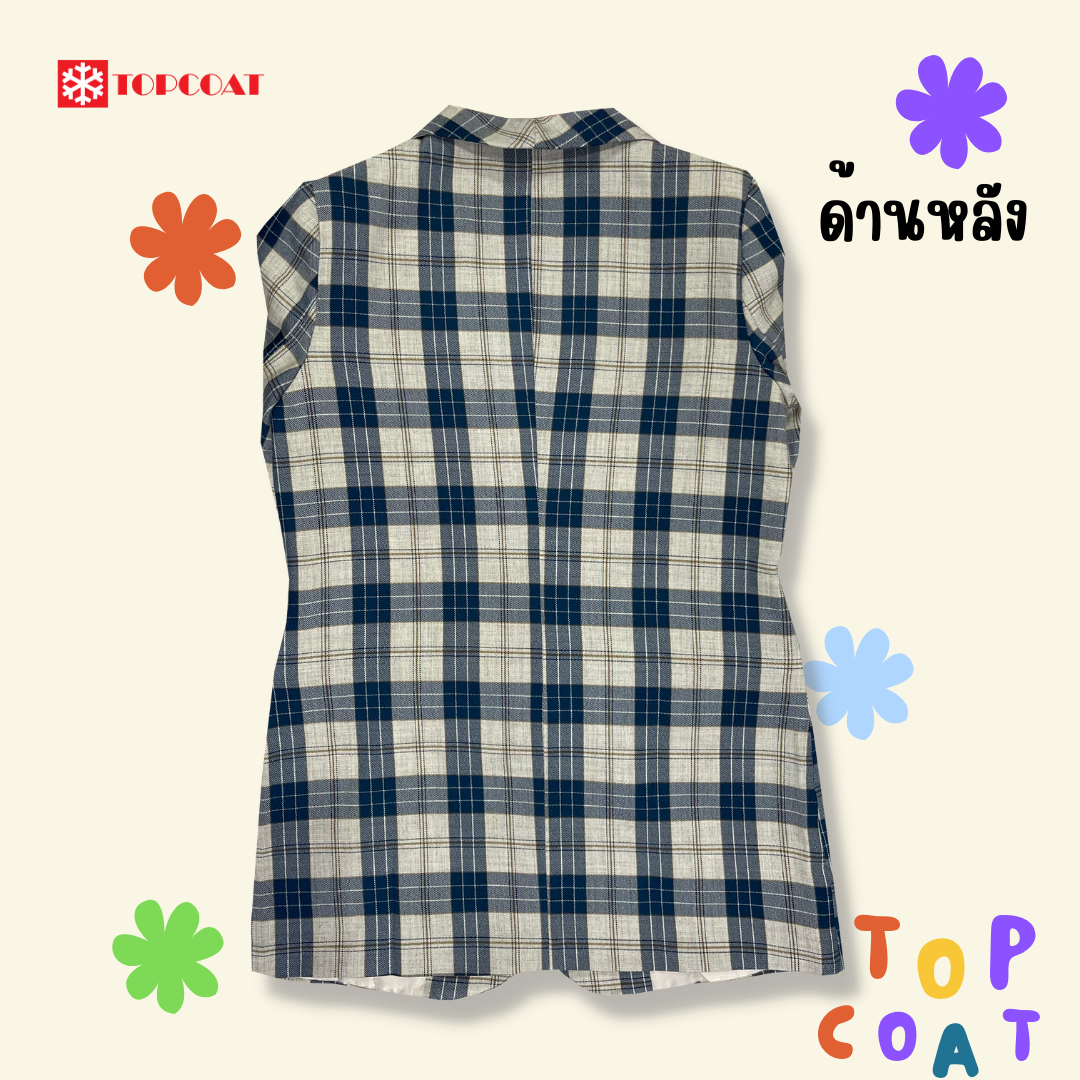 เบลเซอร์หญิง เสื้อสูทลายสก็อต สีฟ้ากรม ปกกล้วยหอม