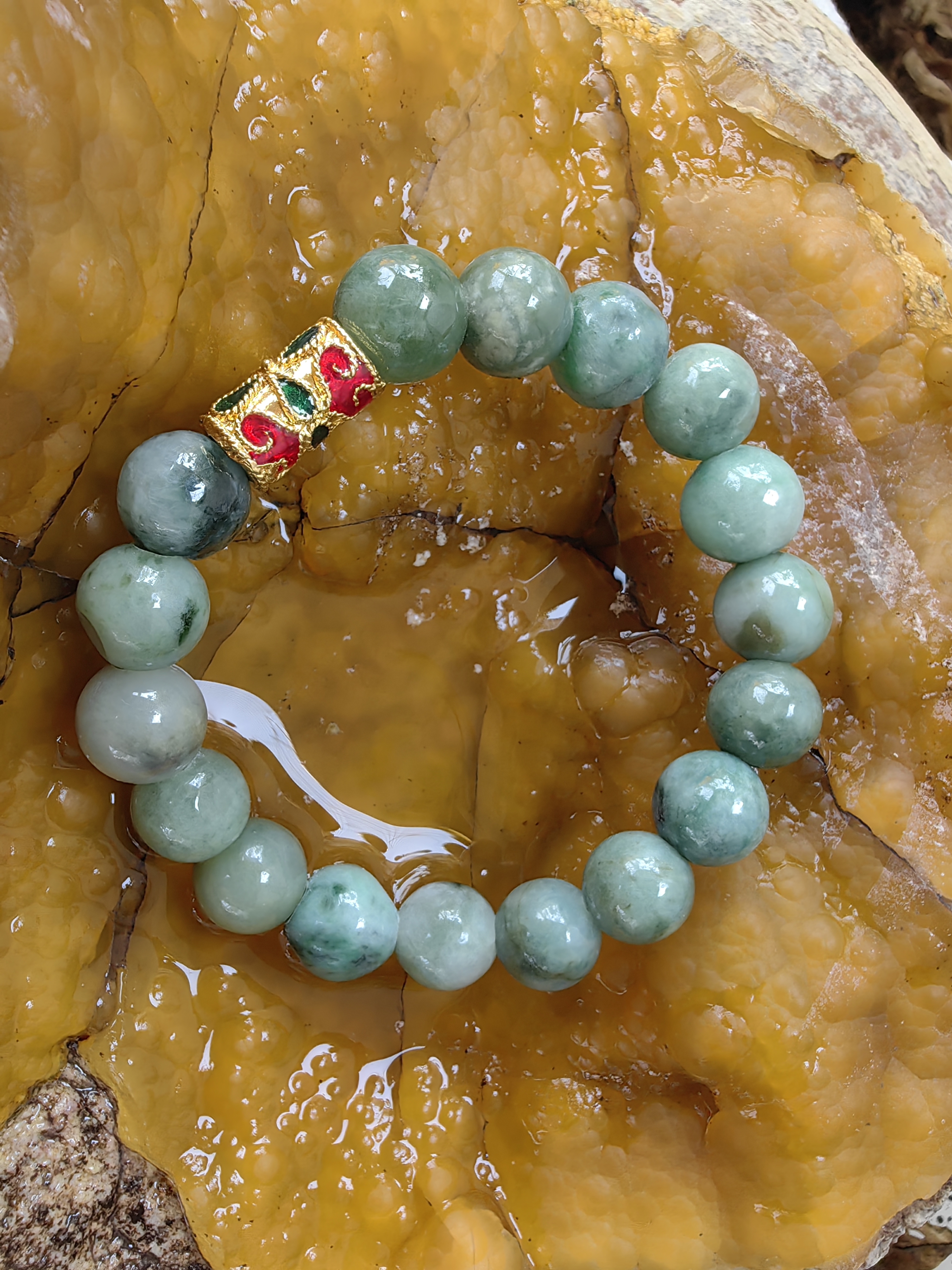 Burmese Jadeite Bracelets Thai Enamel Gold plated 10 mm. สร้อยข้อมือหยกพม่า ลงยาสุโขทัย กลม 10 มม. Free Size