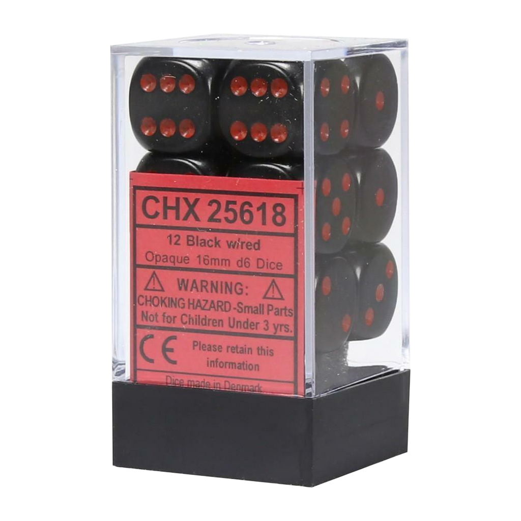 [ลูกเต๋า] Chessex: Opaque Black/Red 16mm D6 (12 Dice)