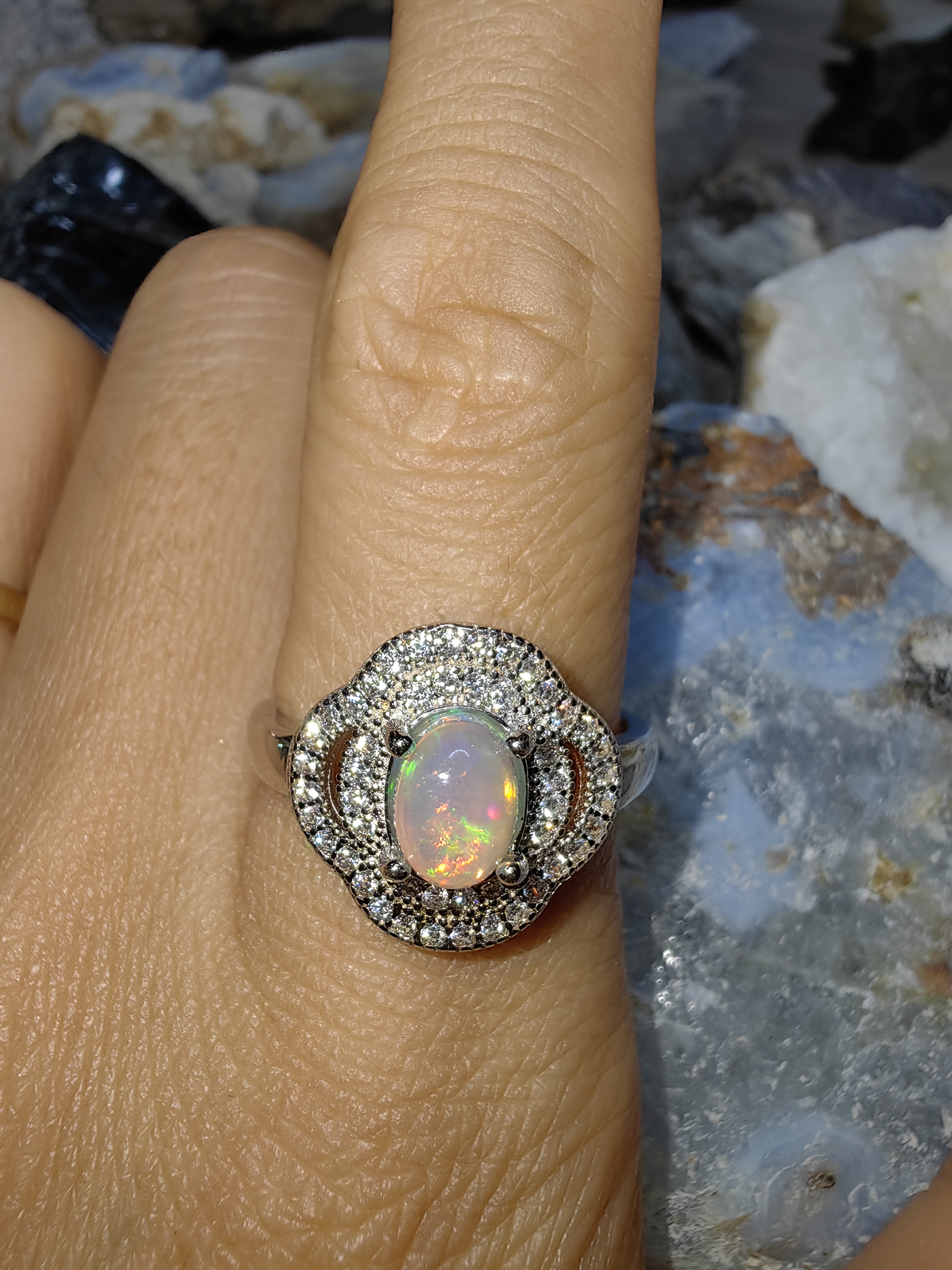 Opal, Swiss Diamond 925 Sterling Silver Ring แหวนโอปอ เพชรสวิส เงินแท้ 925 Size 56