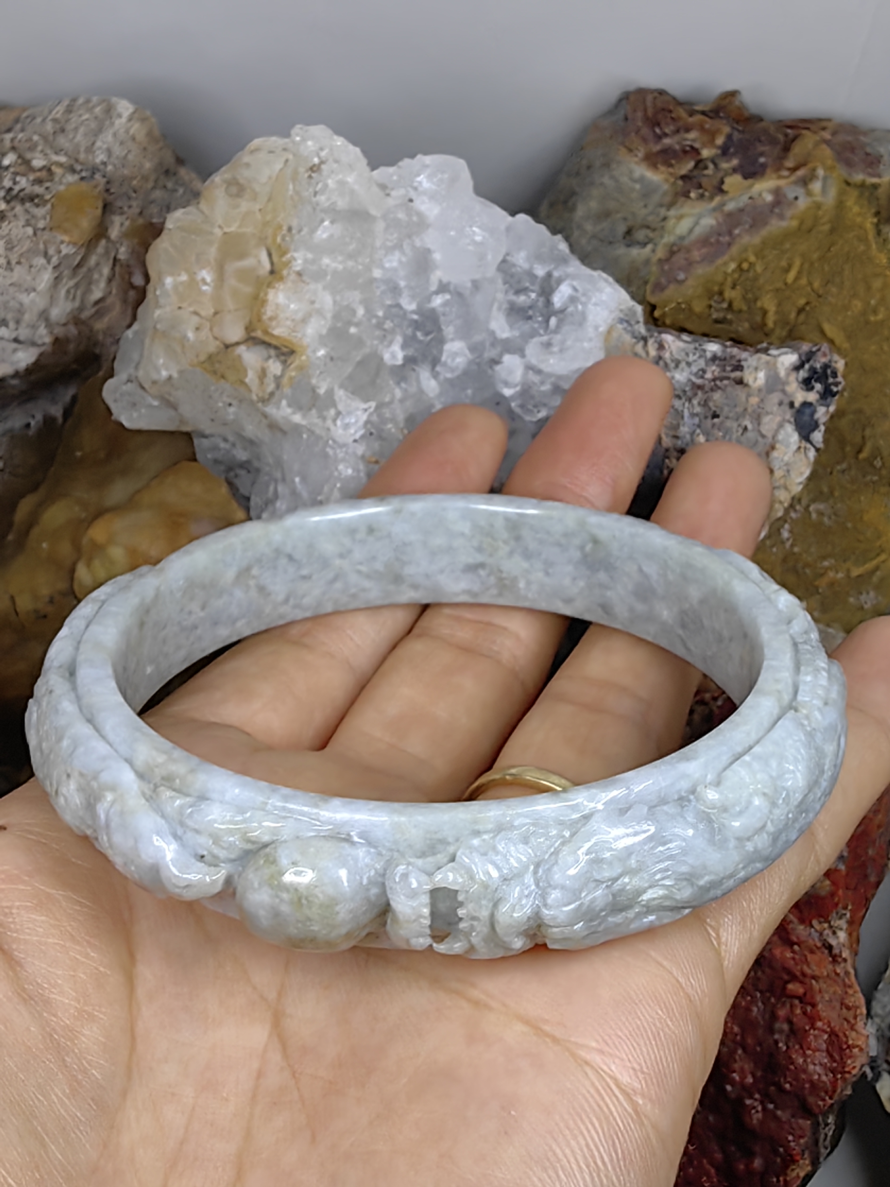 Carved Burmese Jadeite Bangle Size 62