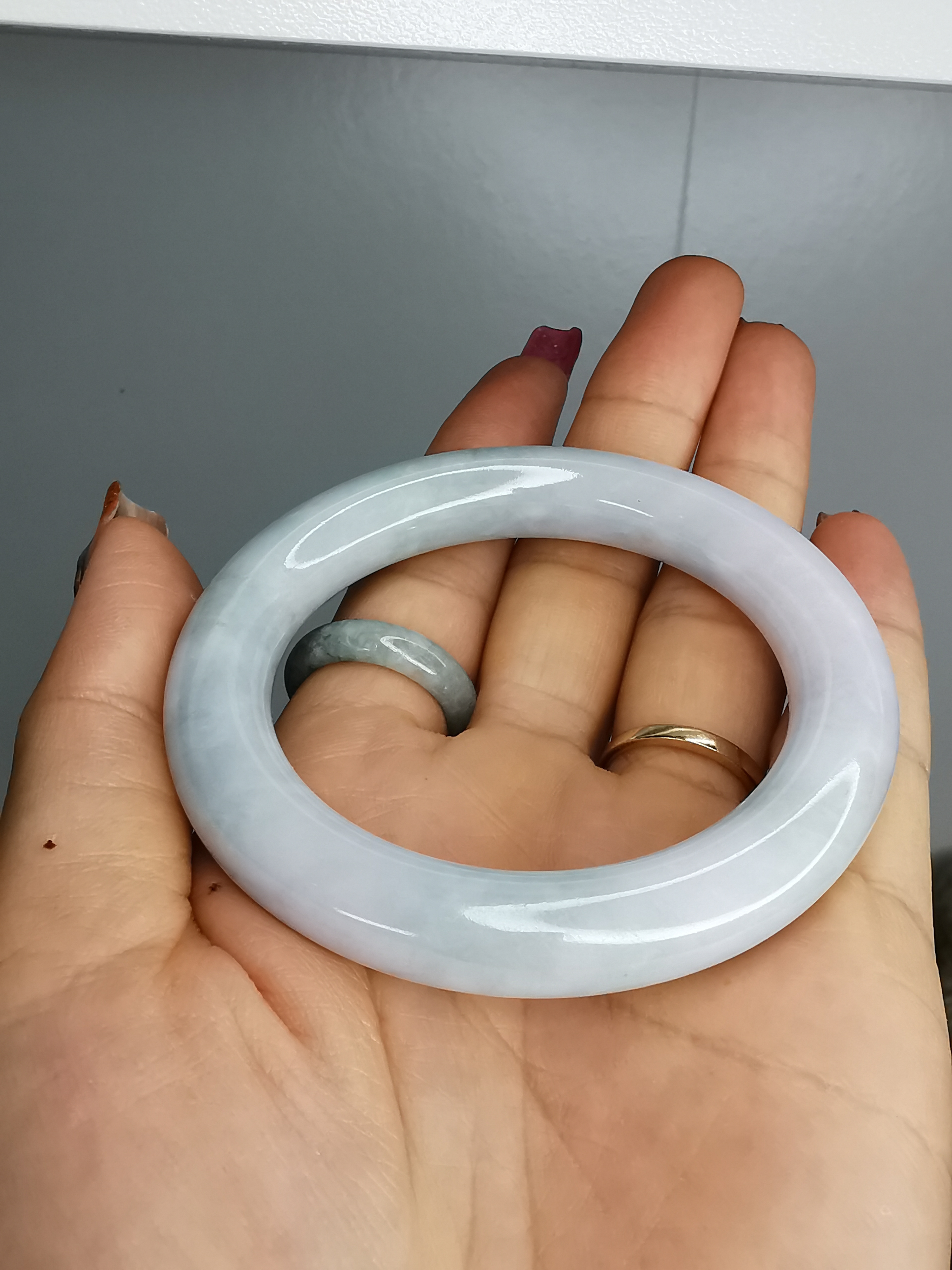 Violet White Green Bangle กำไลหยกเจไดต์แท้ Diameter/ เส้นผ่านศูนย์กลางด้านใน 52 mm.