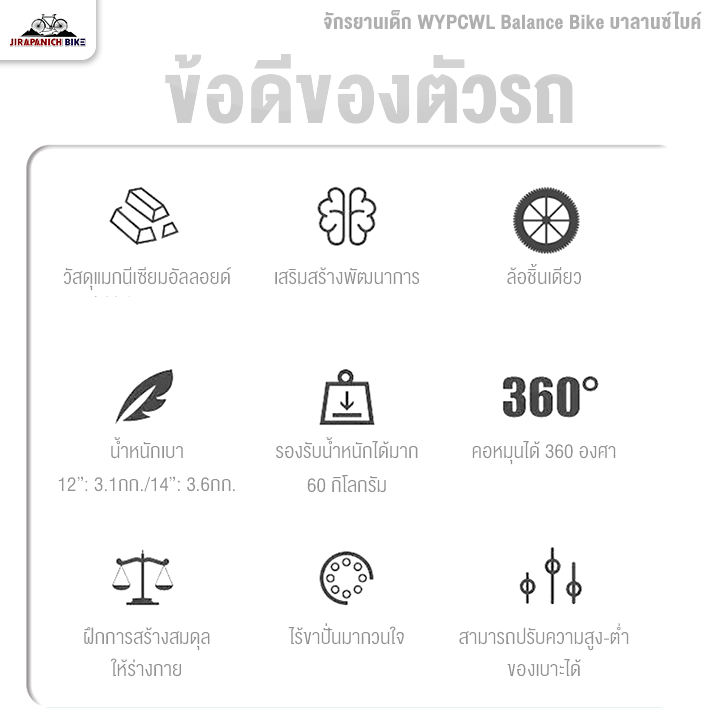 จักรยานเด็ก 12 และ 14 นิ้ว จักรยานทรงตัว WYPCWL Balance Bike บาลานซ์ไบค์ (จักรยานขาไถ, ตัวถังแมกนีเซียม ขึ้นรูปชิ้นเดียว)