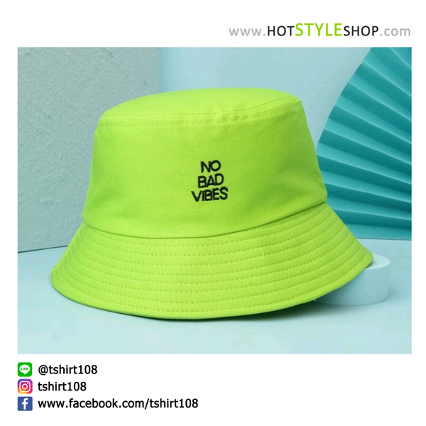 หมวกบักเก็ตสีนีออน เขียวมะนาว ลาย No Bad Vibes