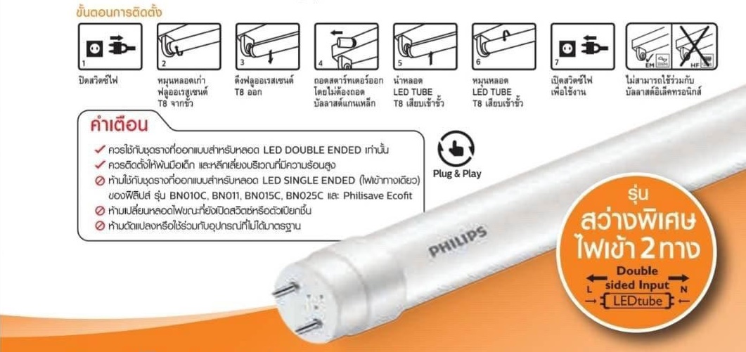 (ชุด 5 หลอด) PHILIPS หลอดนีออน LED 22W รุ่น Double Ended แสงขาว ยาว 120 cm ฟิลลิป นีออน LED ไฟเข้า2ข้าง สินค้ารวมภาษีแล้ว
