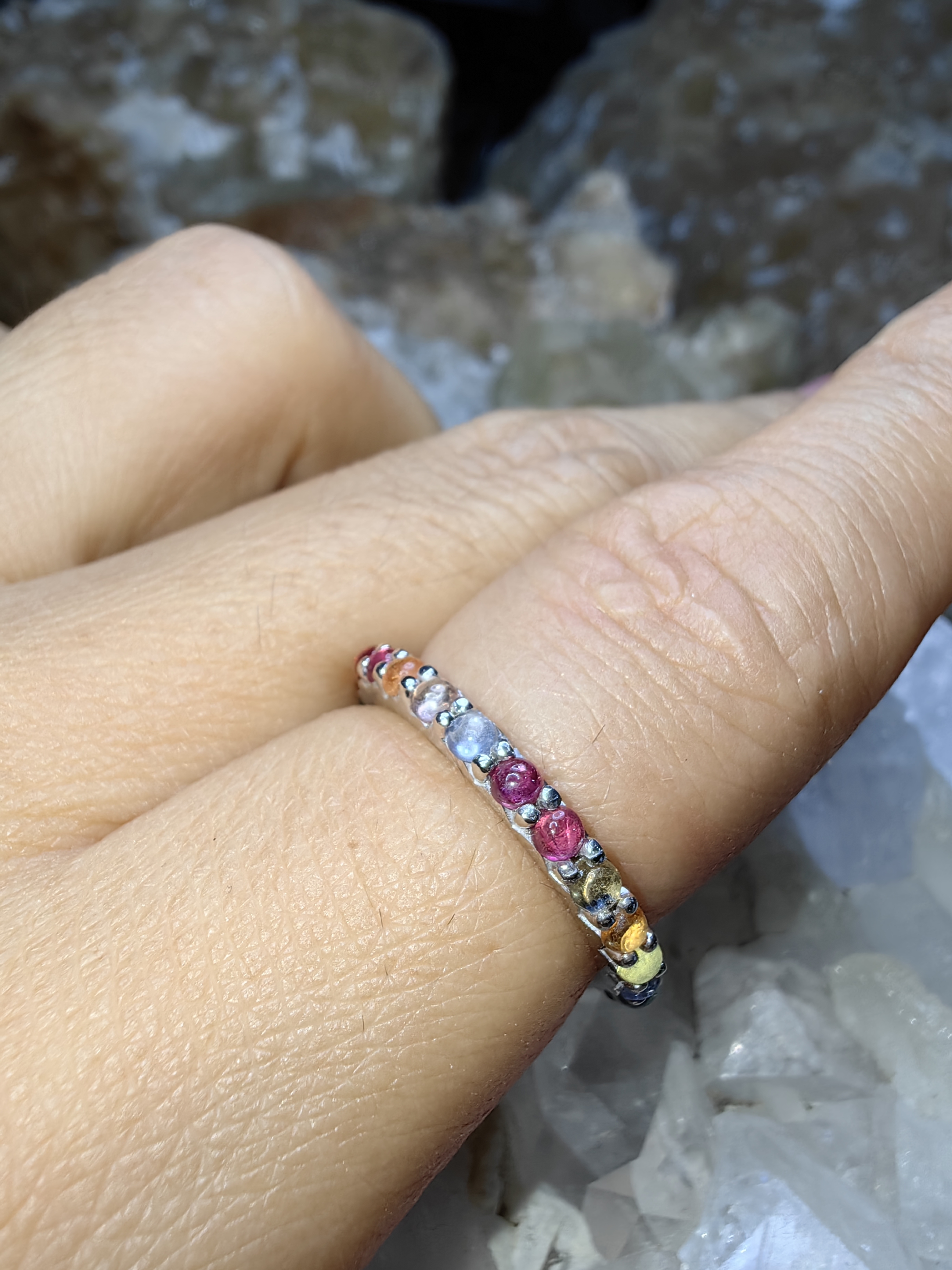 9 Lucky gemstones Ruby, Blue Sapphire, Emerald, Topaz, Zircon, Yellow Sapphire, Moonstone, Garnet, Cat's eyes 925 Sterling Silver แหวนนพเก้า ทับทิม ไพลิน มรกต โทแพซ ไพฑูรย์ บุษราคัม มูนสโตน โกเมน ตาแมว Size 56 เงินแท้ 925