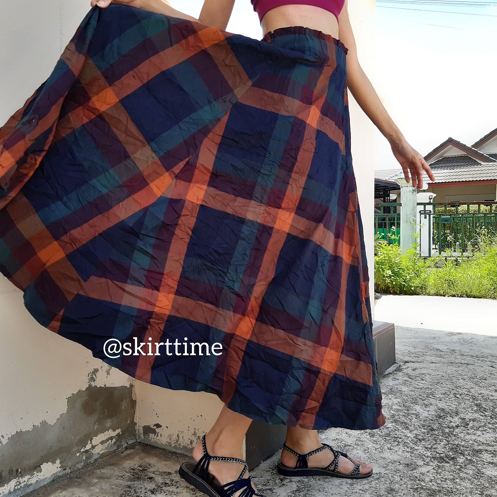 กระโปรงบานทรงเอลายสก๊อต คู่สีโทนเย็น ส้ม น้ำเงิน เขียวหัวเป็ด
