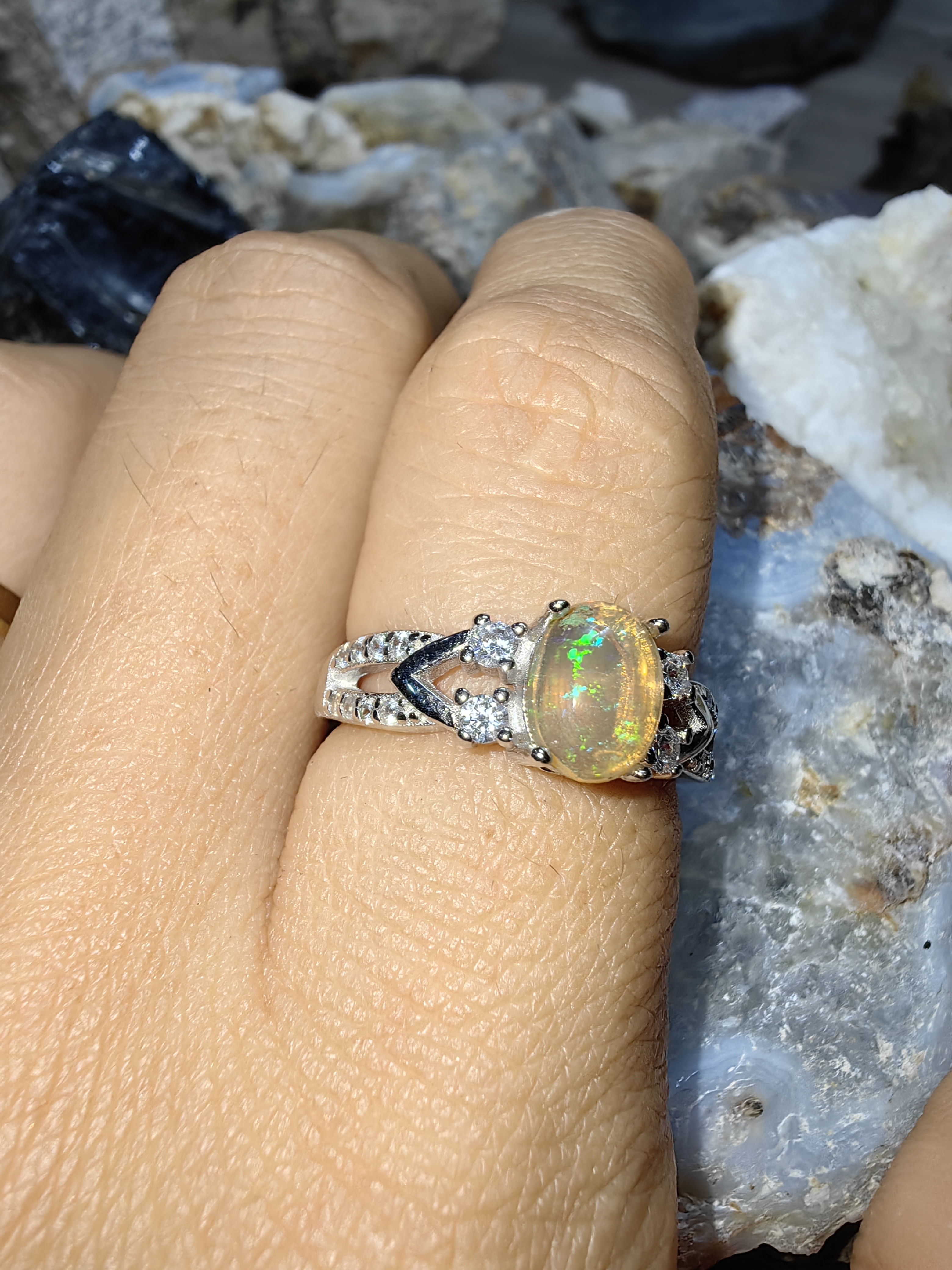 Opal, Swiss Diamond 925 Sterling Silver Ring แหวนโอปอ เพชรสวิส เงินแท้ 925 Size 52