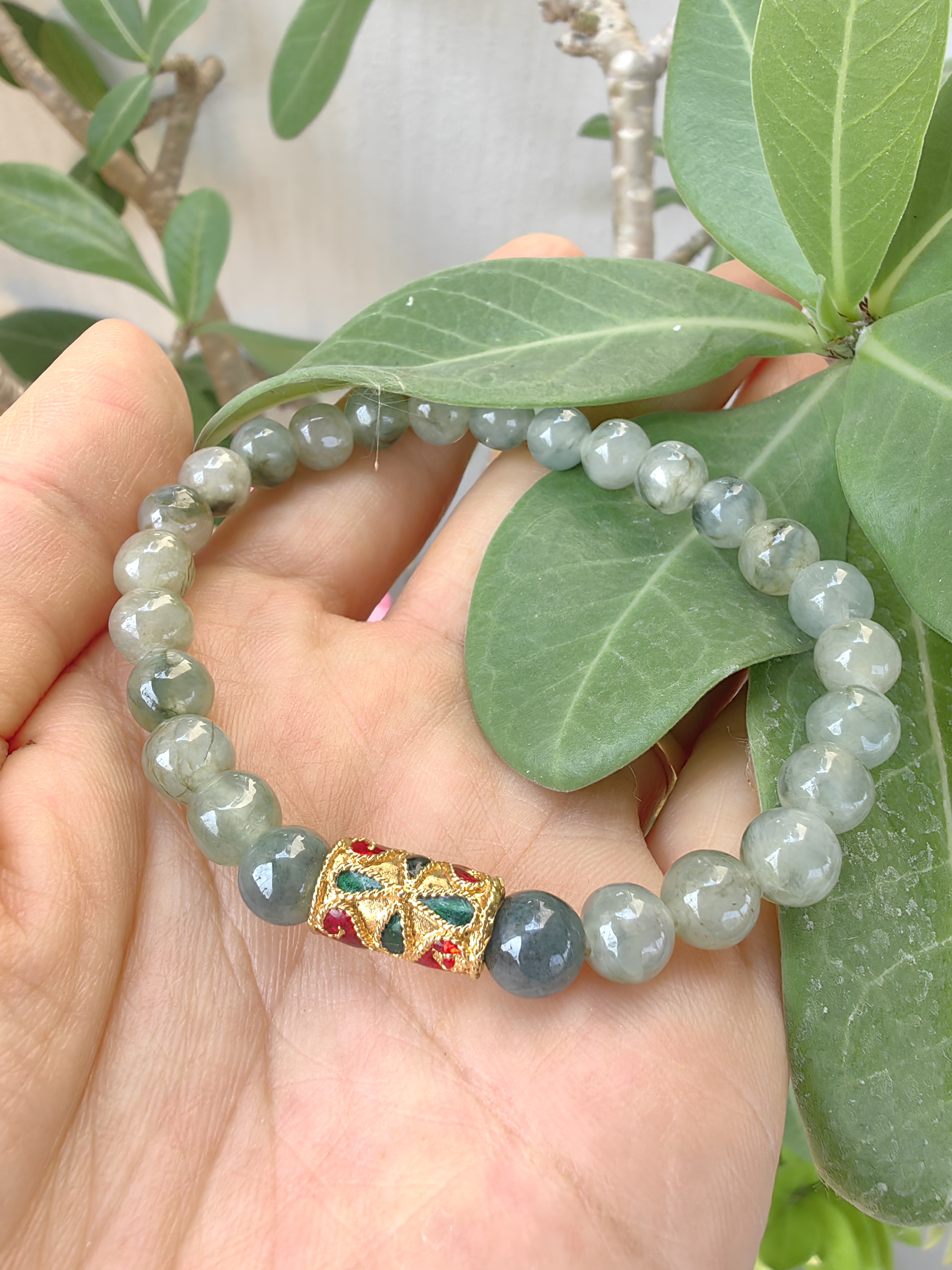 Burmese Jadeite Bracelets Thai Enamel Gold plated 7 mm. สร้อยข้อมือหยกพม่า ลงยาสุโขทัย กลม 7 มม. Free Size