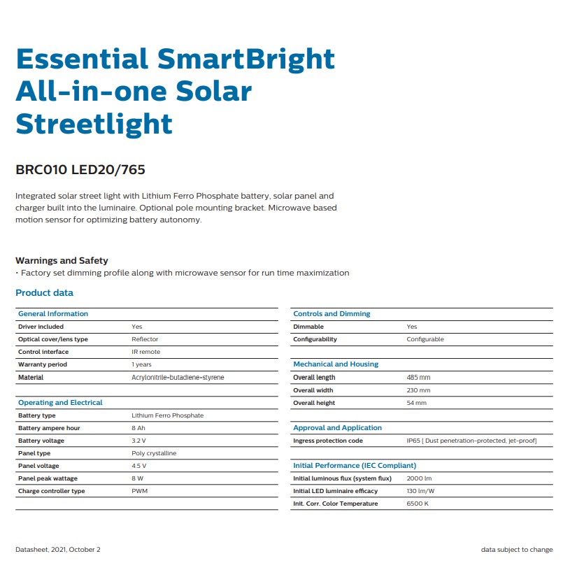 Philips โคมถนนโซลาร์เซลล์ 200 วัตต์ Solarlight รุ่น BRC010 ฟิลลิป์ Essential SmartBright All in one Solar 200W