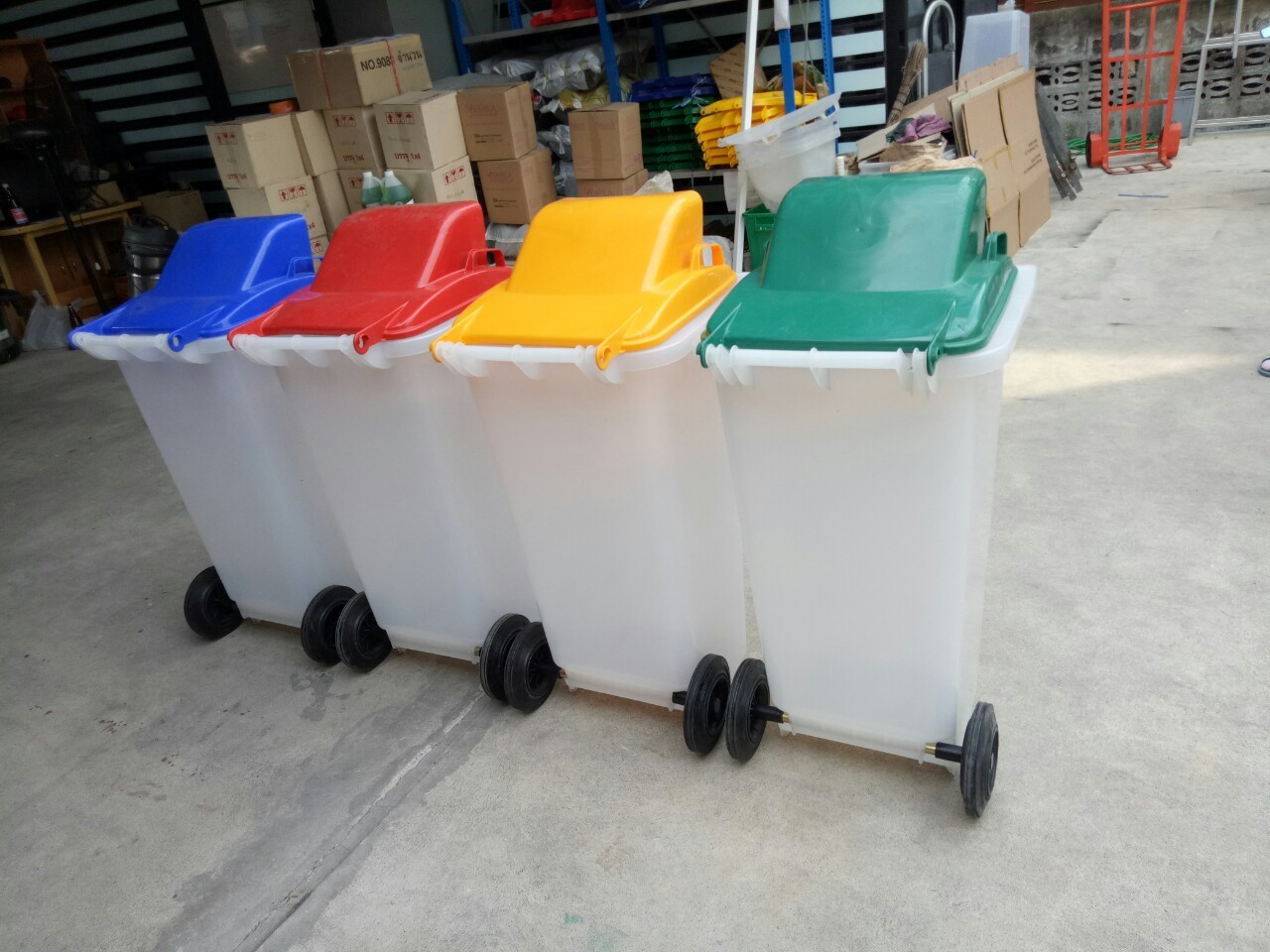 ถังขยะพลาสติกใส ฝาสี 1 ช่องทิ้ง พร้อมล้อเข็น 120 ลิตร