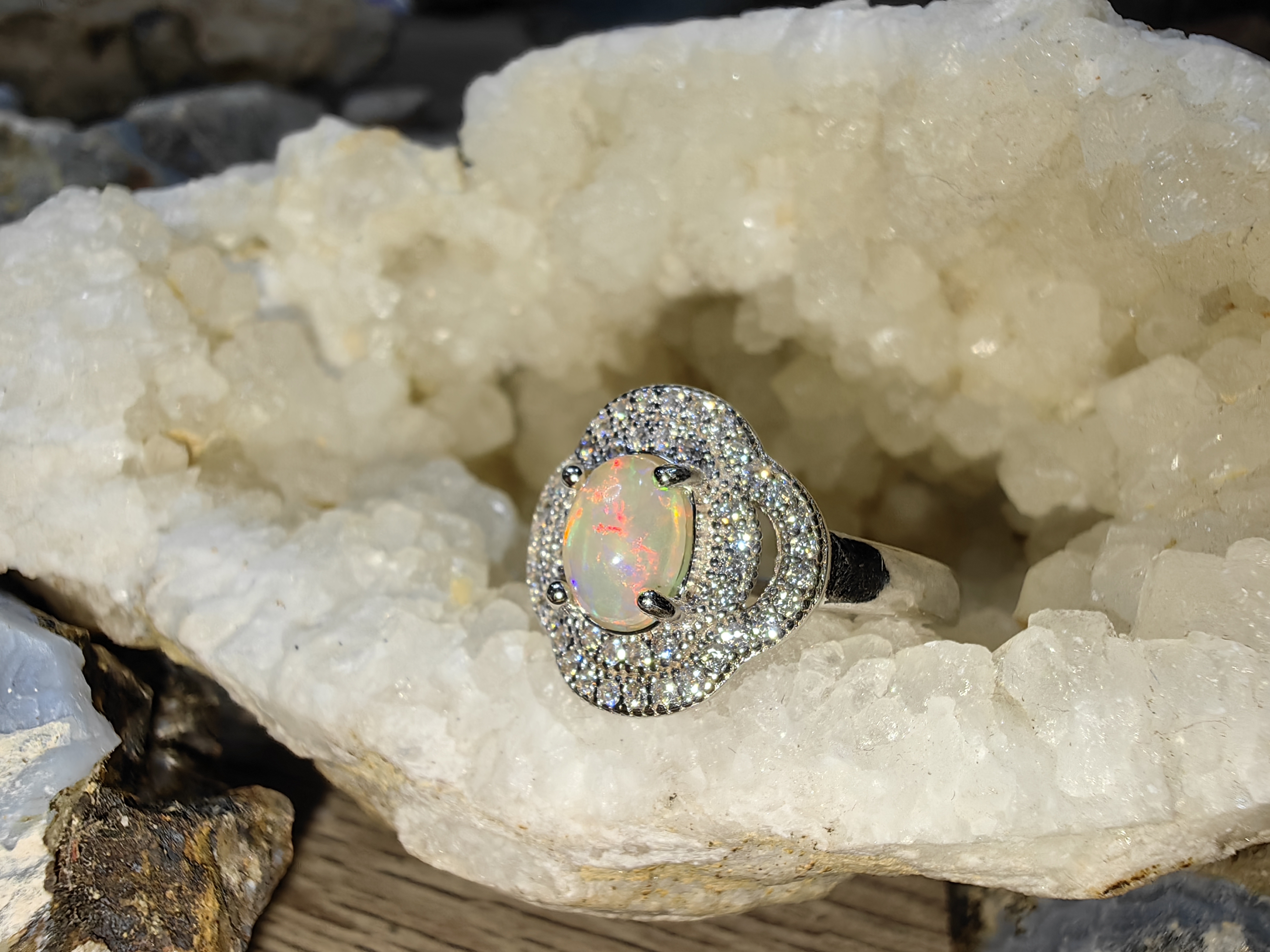Opal, Swiss Diamond 925 Sterling Silver Ring แหวนโอปอ เพชรสวิส เงินแท้ 925 Size 56