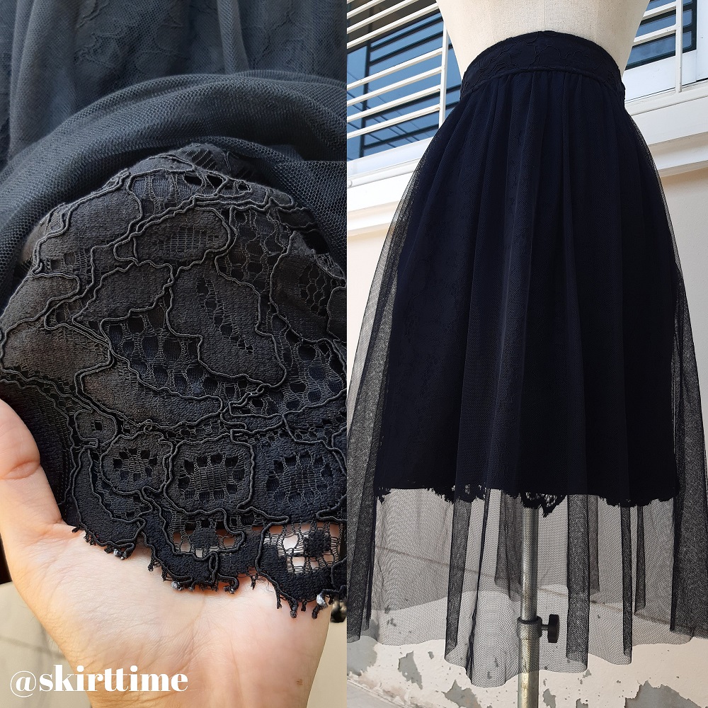 กระโปรงสั้นผ้าลูกไม้ คลุมผ้าตาข่ายสีดำ