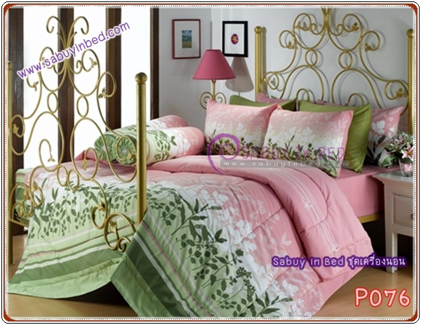ชุดเครื่องนอน ผ้าปูที่นอน กันไรฝุ่น Satin ซาตินพรีเมียร์ ลาย P076 (ชมพู เขียวขาว ลายนี้ชายผ้าจะเป็นลายใบไม้เขียว ๆ นะคะ)