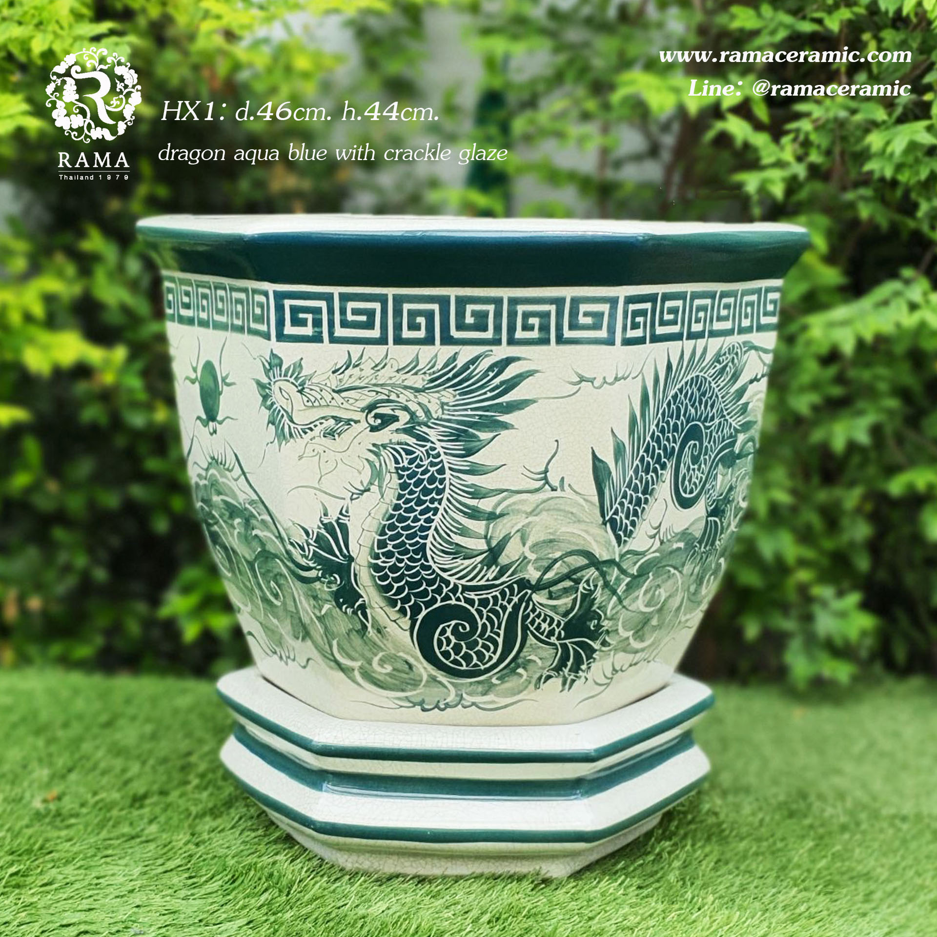 กระถางหกเหลี่ยมพร้อมถาดรอง HX1ลายมังกรสี aqua blue เคลือบแตกลายงา