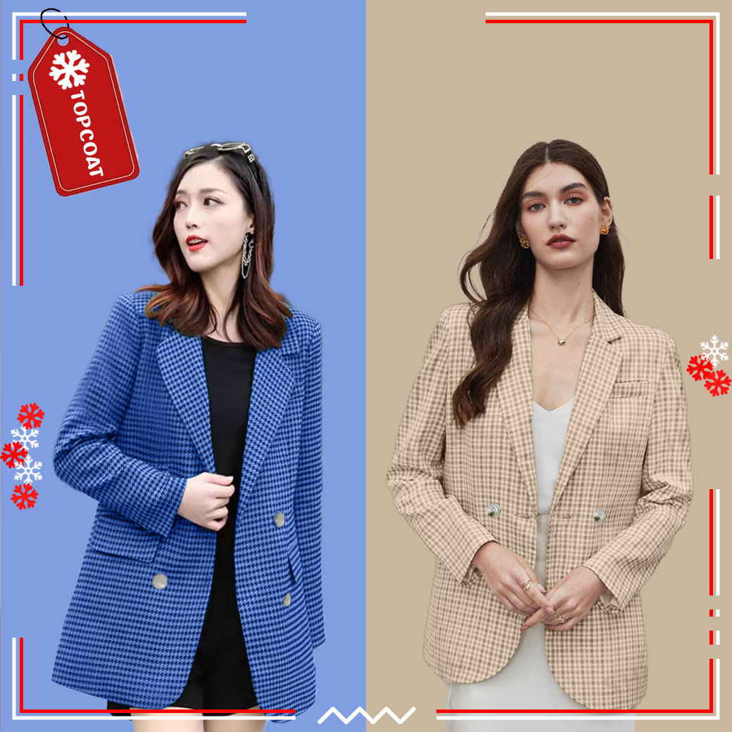 เสื้อสูทเบลเซอร์ผู้หญิงลายสก็อต ซับในทั้งตัว ฟ้าคราม น้ำตาล