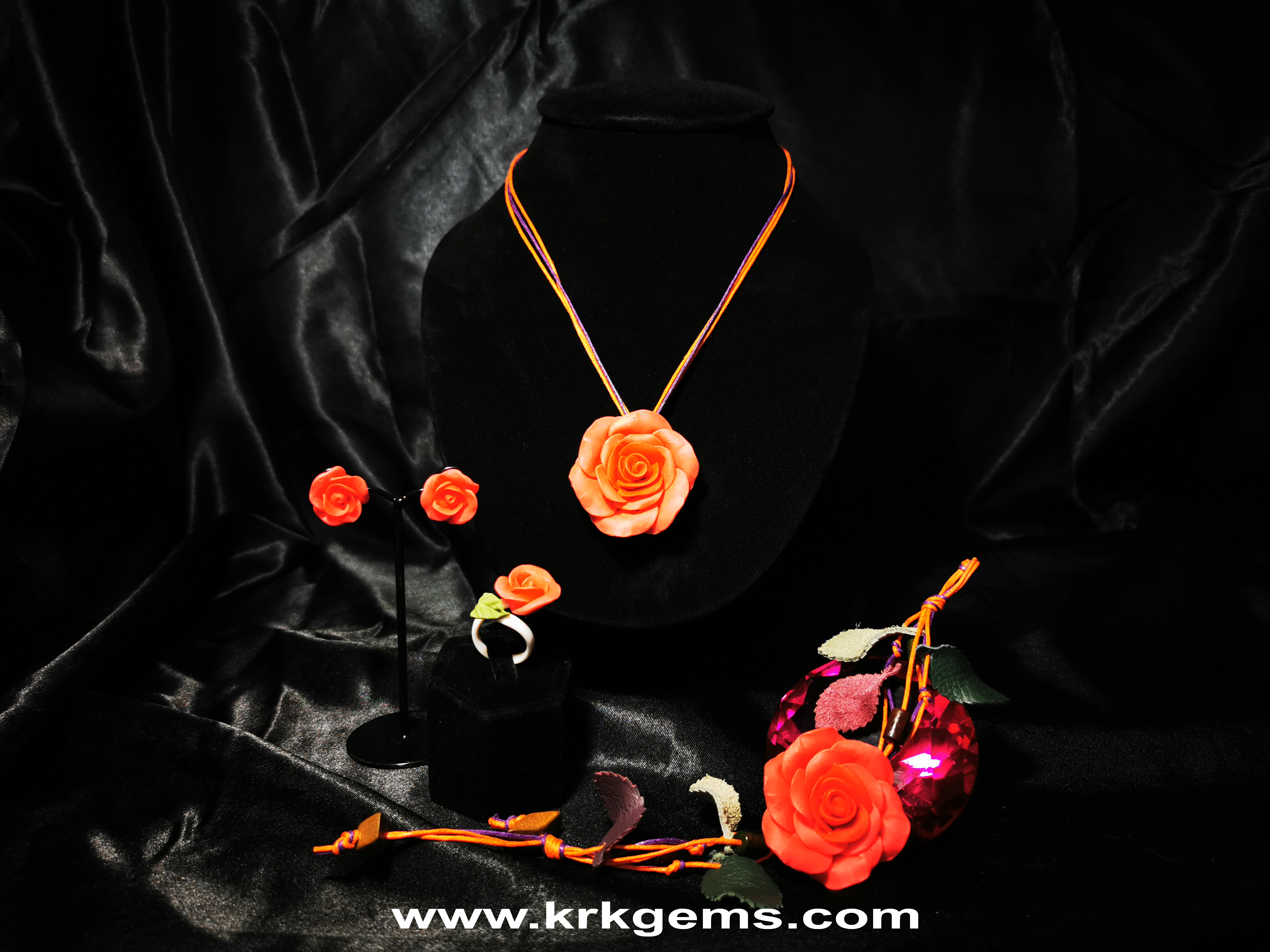 ORANGE ROSE HANDMADE CLAY NECKLACE BRACELET EARRING RING