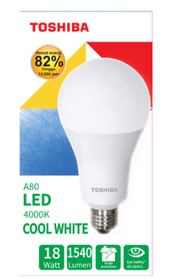 TOSHIBA หลอดไฟ ทรงลูกแพร์ LED รุ่น A80 18 วัตต์ ขั้ว E27 มี 3 แสง Warm White, Cool White & Daylight