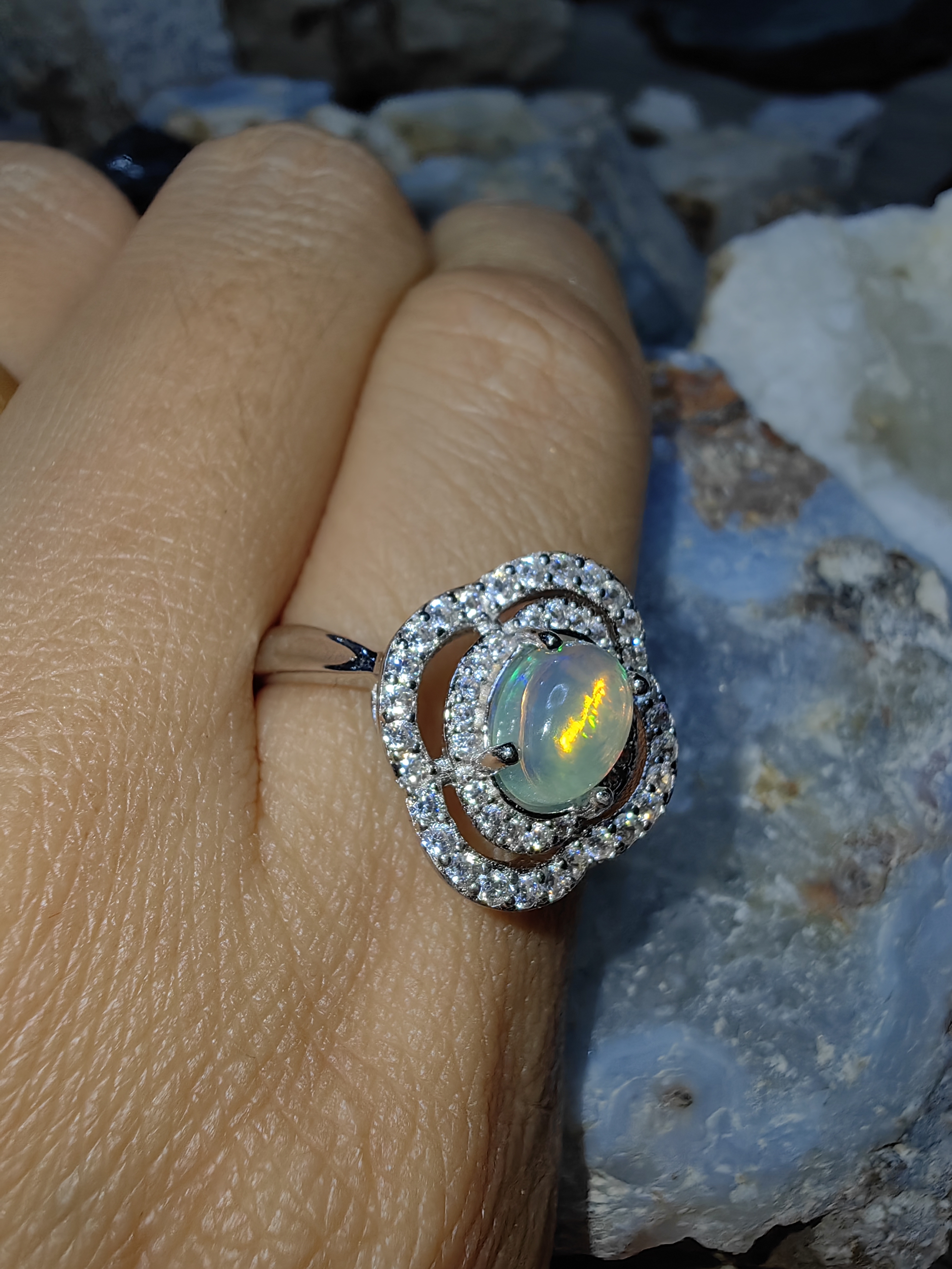 Opal 925 Sterling Silver Ring แหวนโอปอ เงินแท้ 925 Size 57