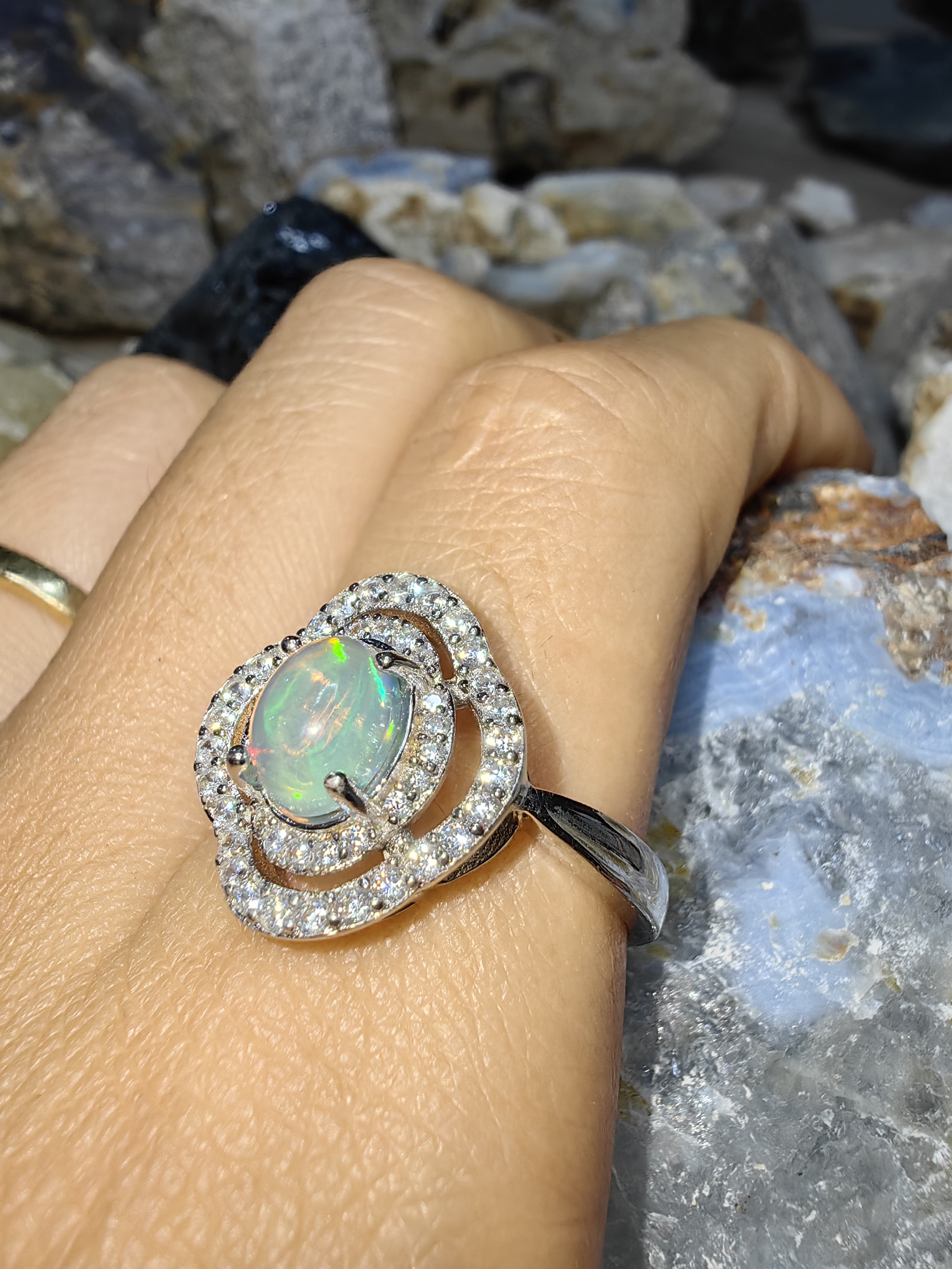 Opal 925 Sterling Silver Ring แหวนโอปอ เงินแท้ 925 Size 57