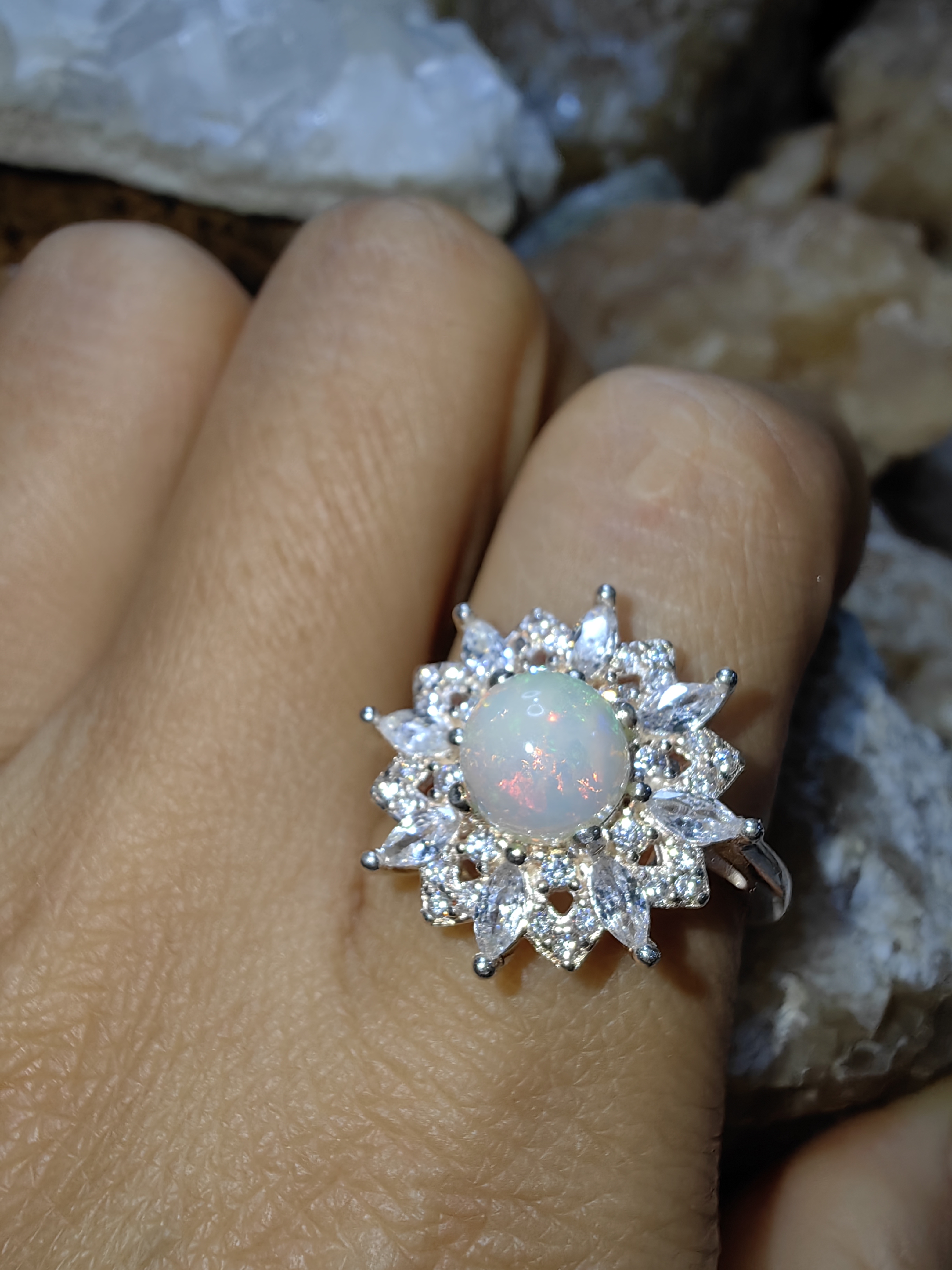 Opal, CZ 925 Sterling Silver Ring แหวนโอปอ เพชรCZ เงินแท้ 925 Size 56