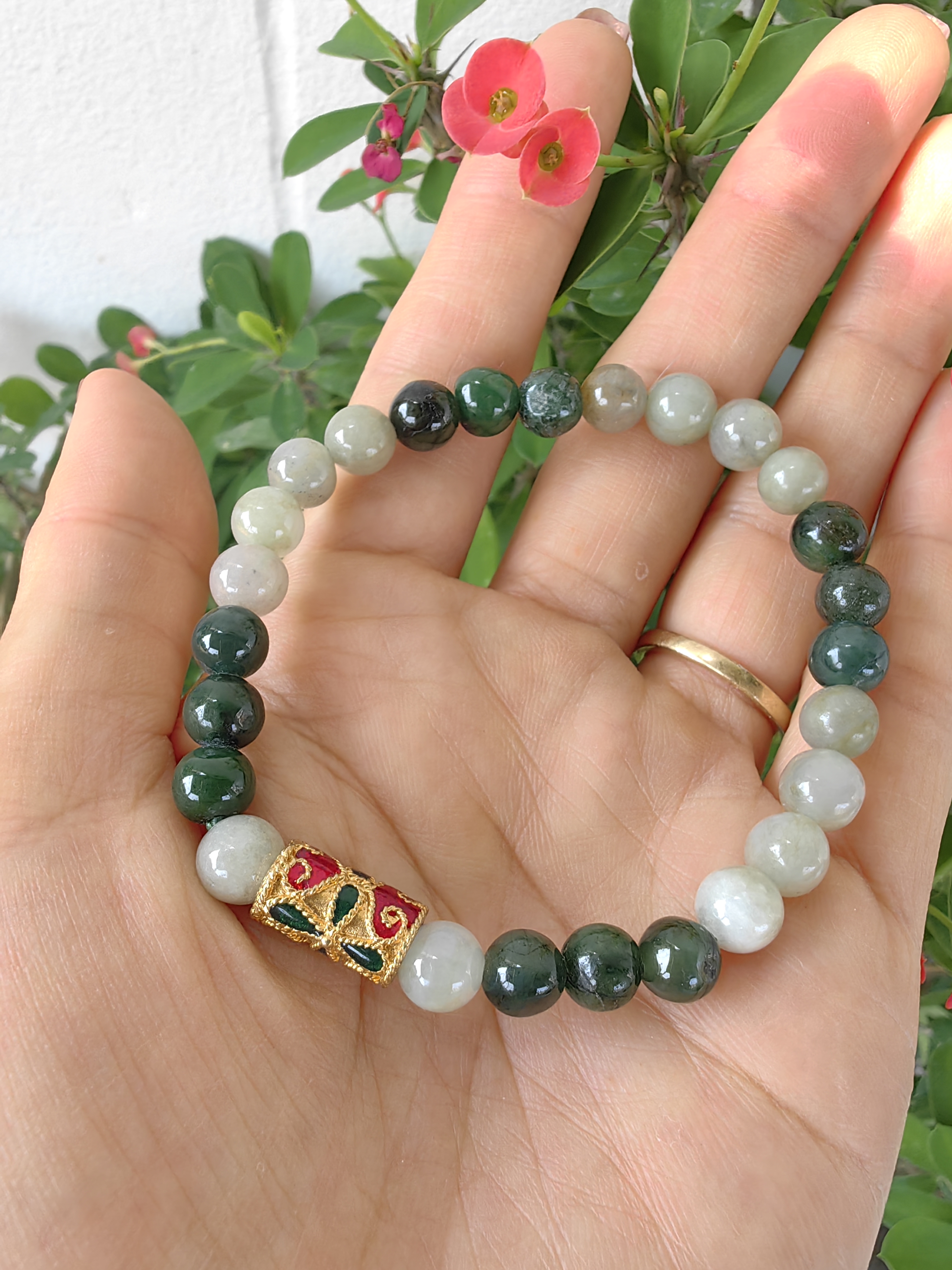 Burmese Jadeite Bracelets Thai Enamel Gold plated 7 mm. สร้อยข้อมือหยกพม่า ลงยาสุโขทัย กลม 7 มม. Free Size