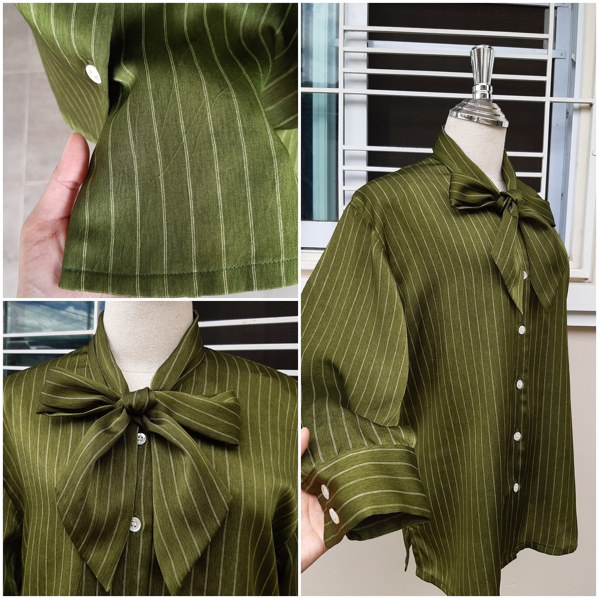 เสื้อเชิ้ตโอเวอร์ไซส์ลายทาง สีเขียวมะกอก
