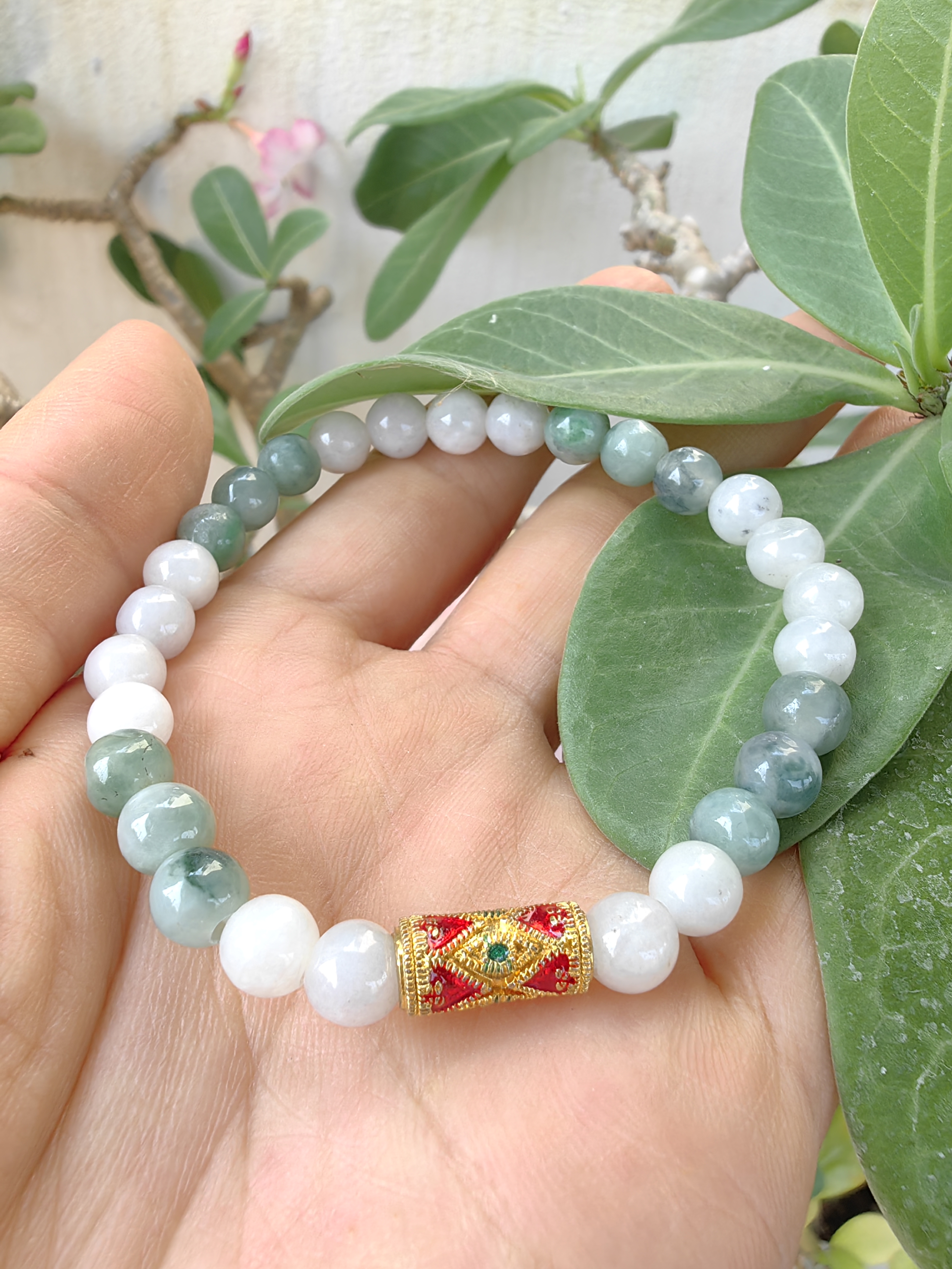 Burmese Jadeite Bracelets Thai Enamel Gold plated 7 mm. สร้อยข้อมือหยกพม่า ลงยาสุโขทัย กลม 7 มม. Free Size