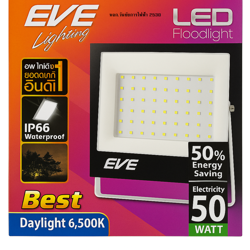 EVE สปอร์ตไลท์ LED รุ่น Best ขนาด 50W แสงขาว แสงส้ม มีให้เลือกทั้งแสงเดย์ไลท์และวอร์มไวท์ IP66 กันน้ำกันฝุ่น LED Floodlight Best