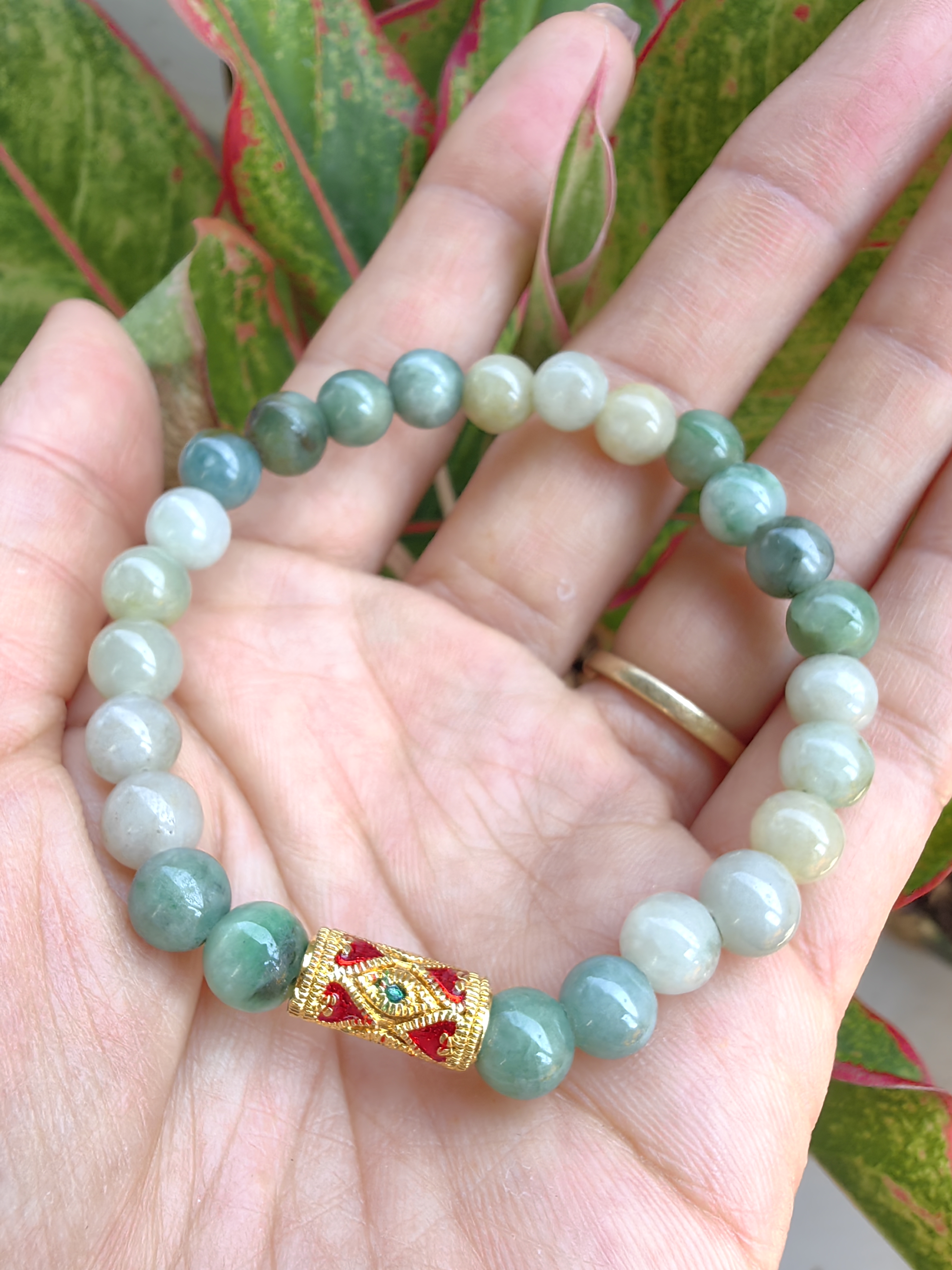 Burmese Jadeite Bracelets Thai Enamel Gold plated 7 mm. สร้อยข้อมือหยกพม่า ลงยาสุโขทัย กลม 7 มม. Free Size
