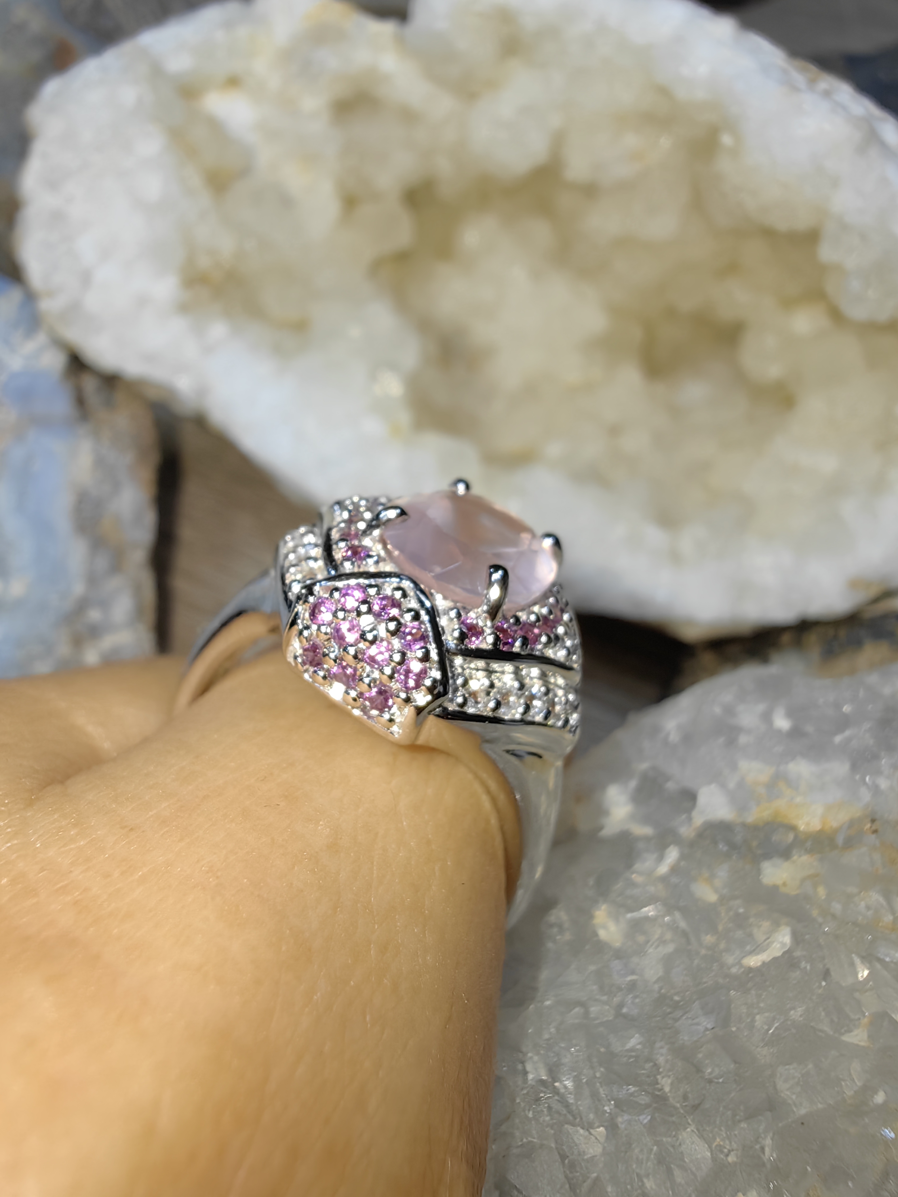 ROSE QUARTZ RHODOLITE RING