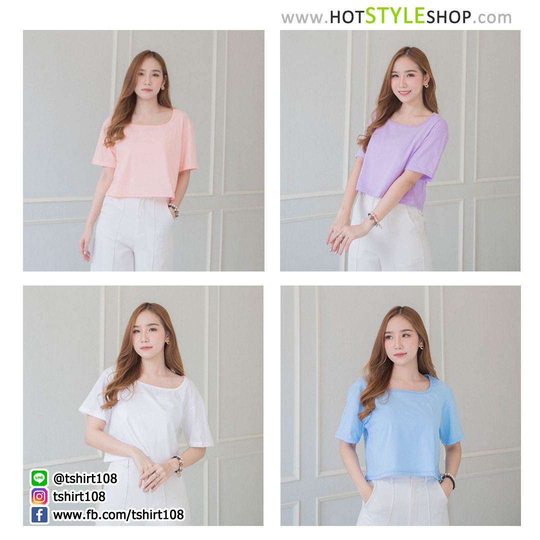 เสื้อครอปคอเหลี่ยม แขนสั้น สีพาสเทล
