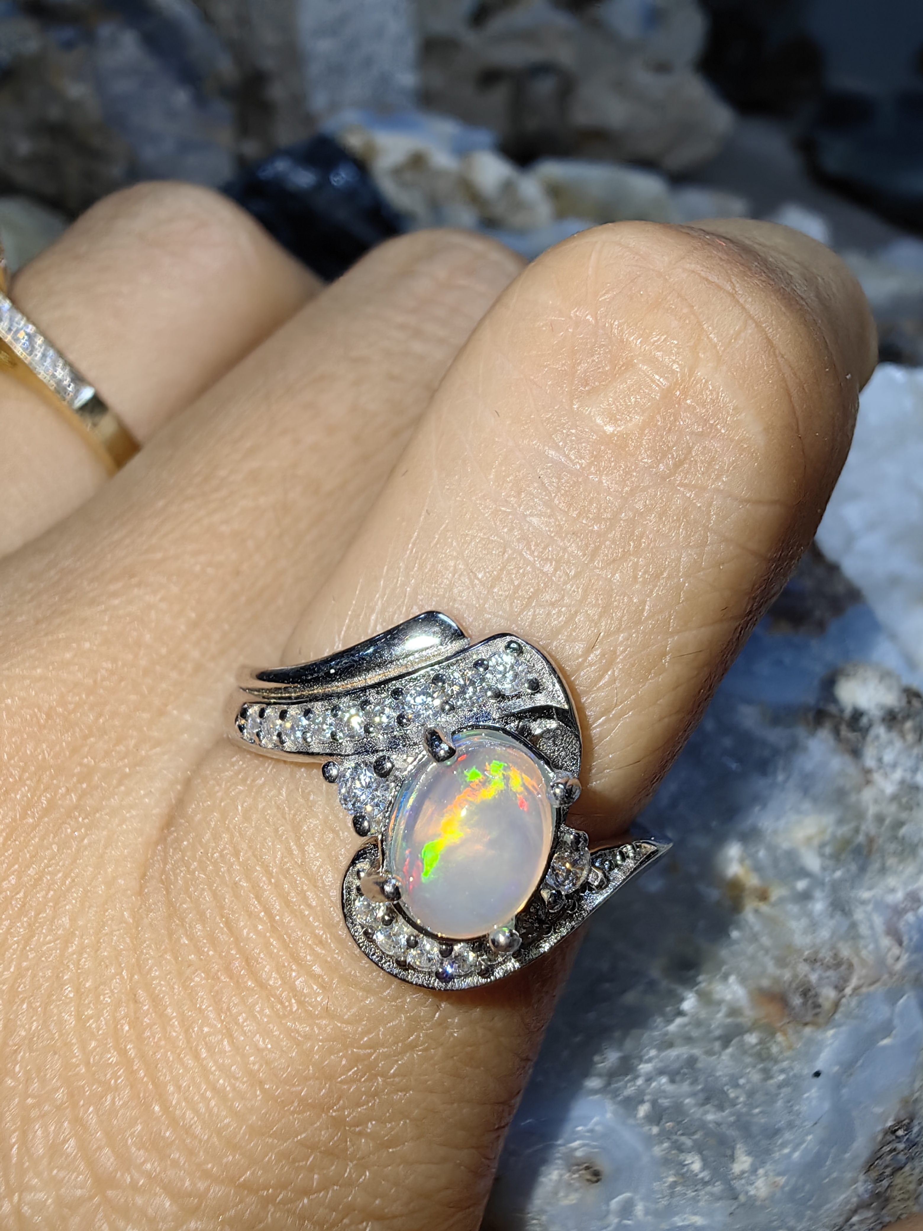Opal, Swiss Diamond 925 Sterling Silver Ring แหวนโอปอ เพชรสวิส เงินแท้ 925 Size 54