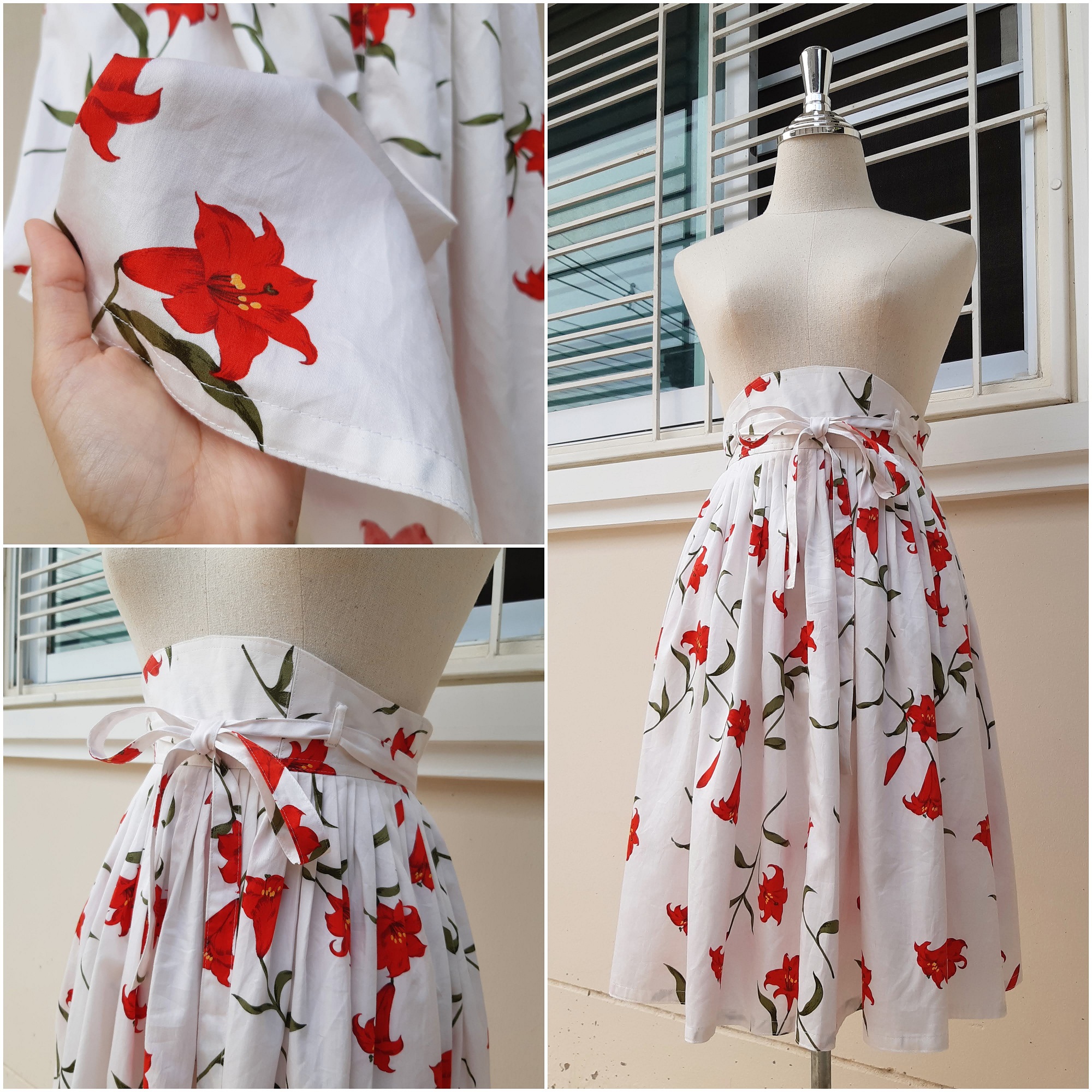 กระโปรงสีขาวลายดอกไม้สีแดงแสด