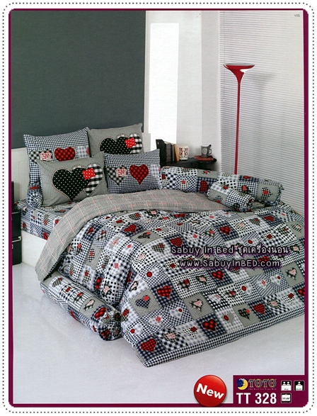 ชุดเครื่องนอน ผ้าปูที่นอนโตโต้ TT328 (ผ้าปูที่นอนลายหัวใจ สีเทาดำ)