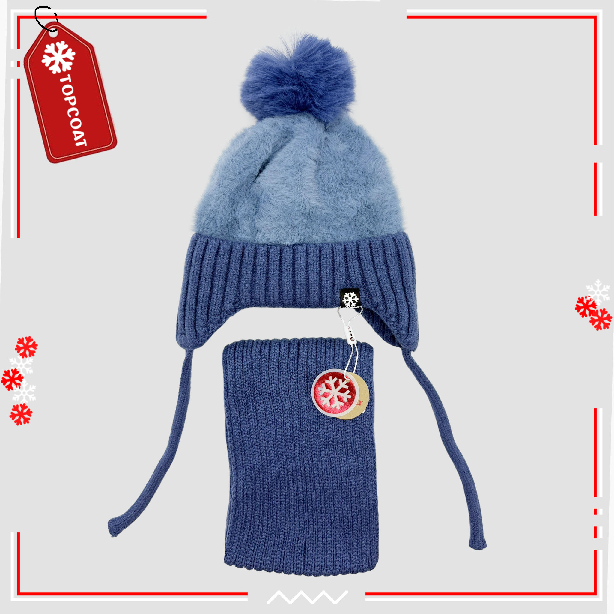 เซ็ทกันหนาวหมวกพร้อมผ้าพันคอสำหรับเด็ก ดีไซน์บุขนจุกเฟอร์ ผ้านิ่ม ใส่สบาย