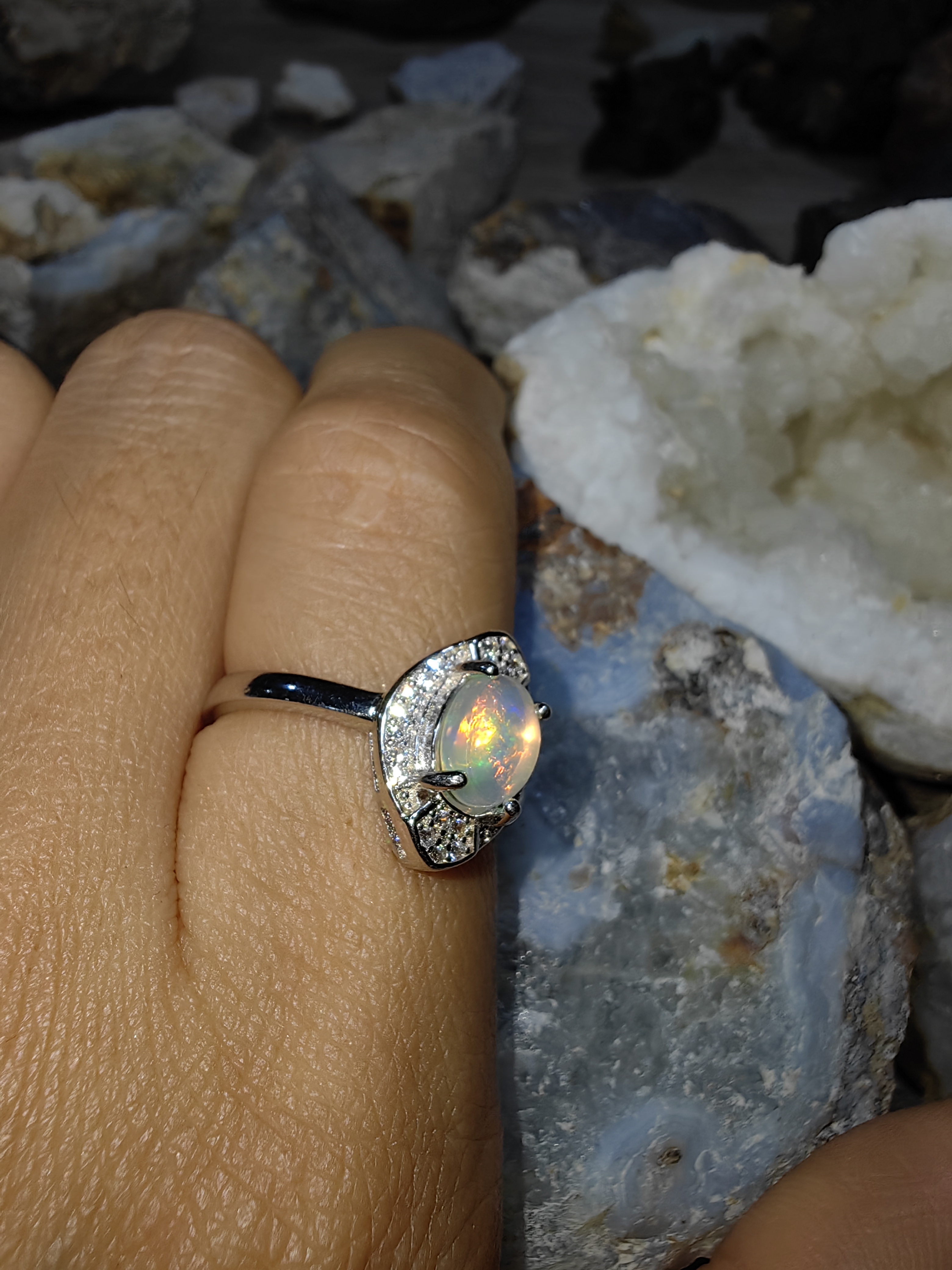 Opal, Swiss Diamond 925 Sterling Silver Ring แหวนโอปอ เพชรสวิส เงินแท้ 925 Size 54