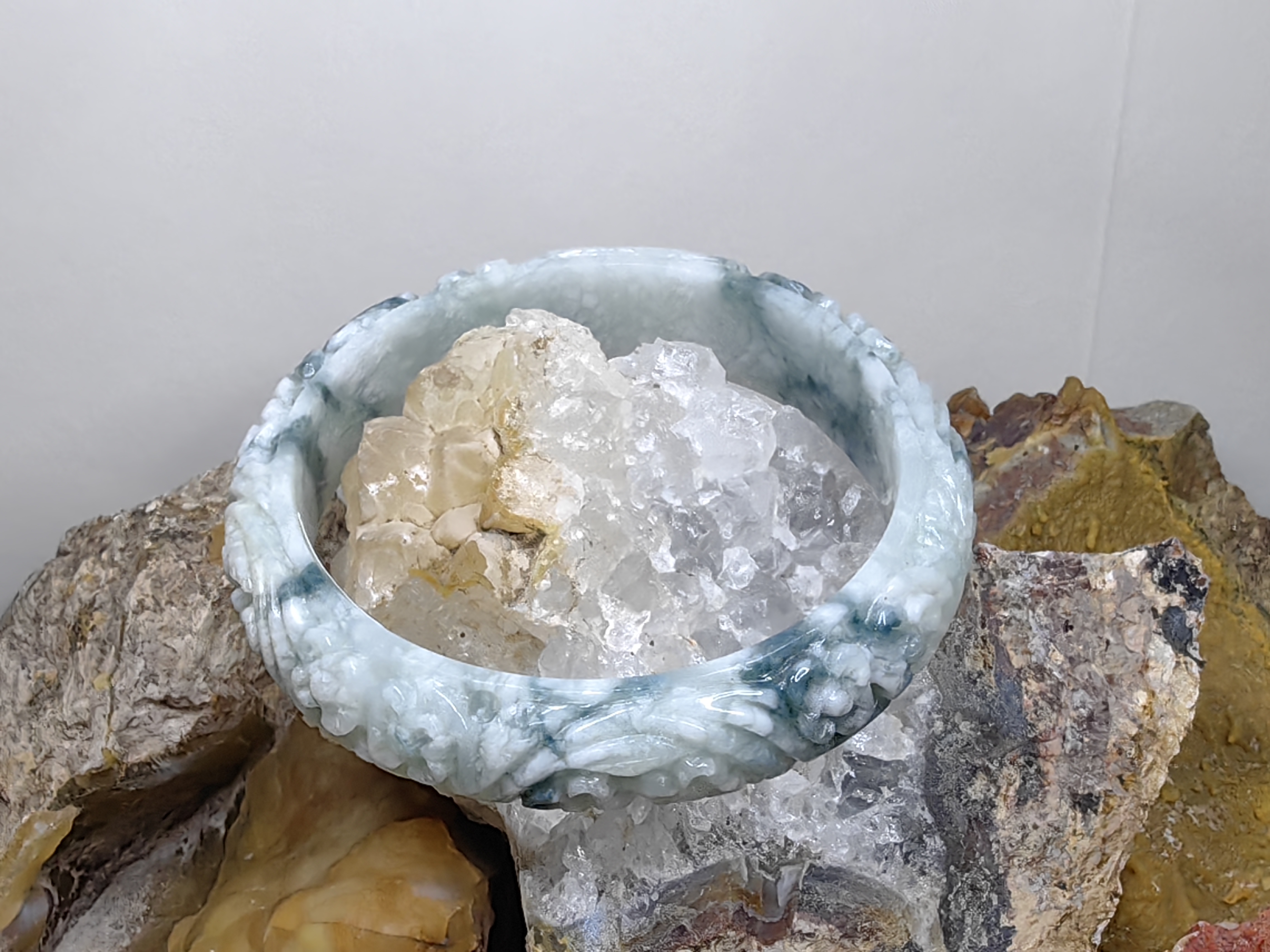 Carved Burmese Jadeite Bangle Size 60