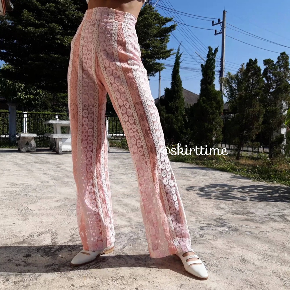 กางเกงขายาวลูกไม้สีชมพู และ ส้มพาสเทลหวานๆ