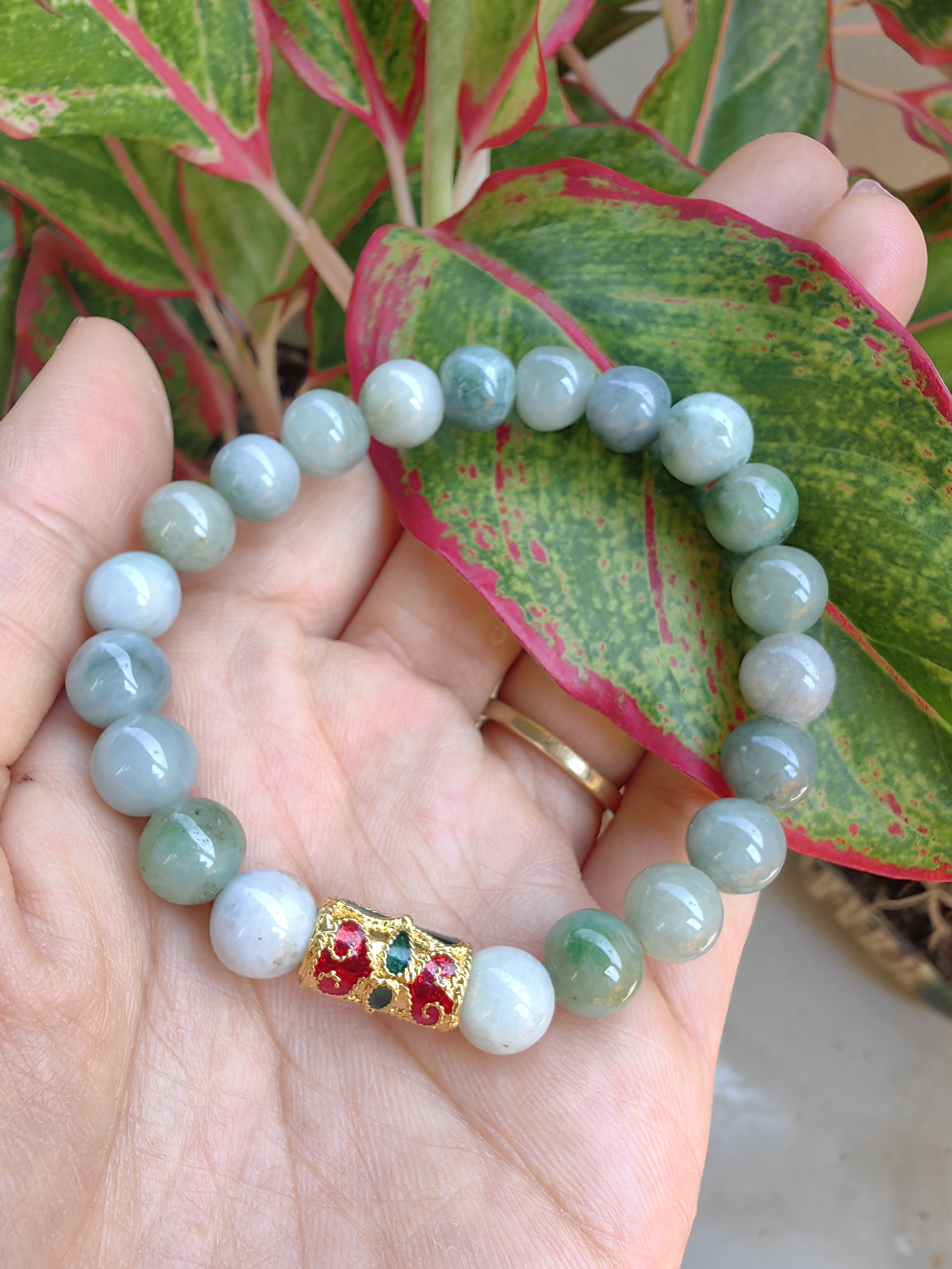 Burmese Jadeite Bracelets Thai Enamel Gold plated 9 mm. สร้อยข้อมือหยกพม่า ลงยาสุโขทัย กลม 9 มม. Free Size