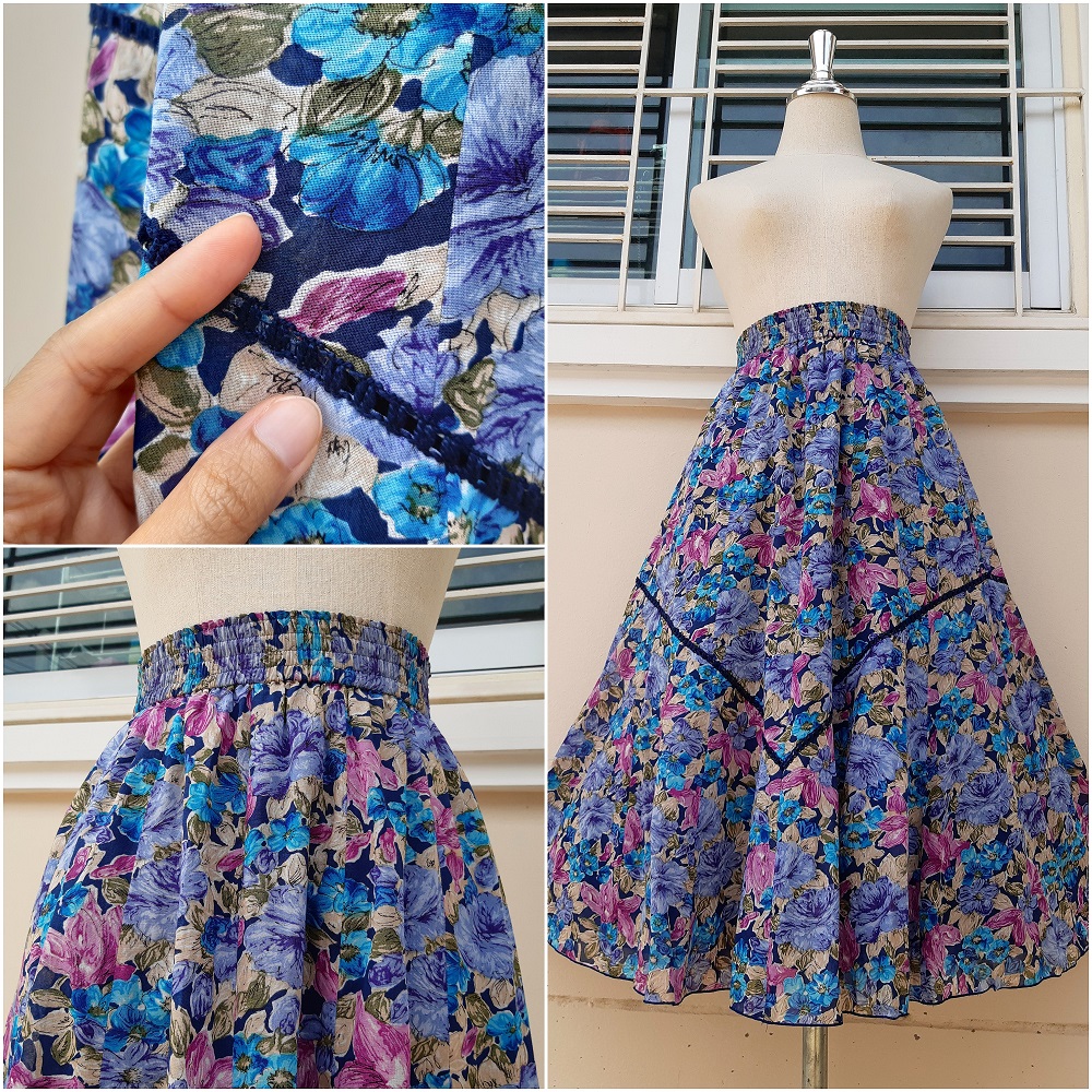 กระโปรงวินเทจลายดอกไม้สีฟ้า สีม่วง