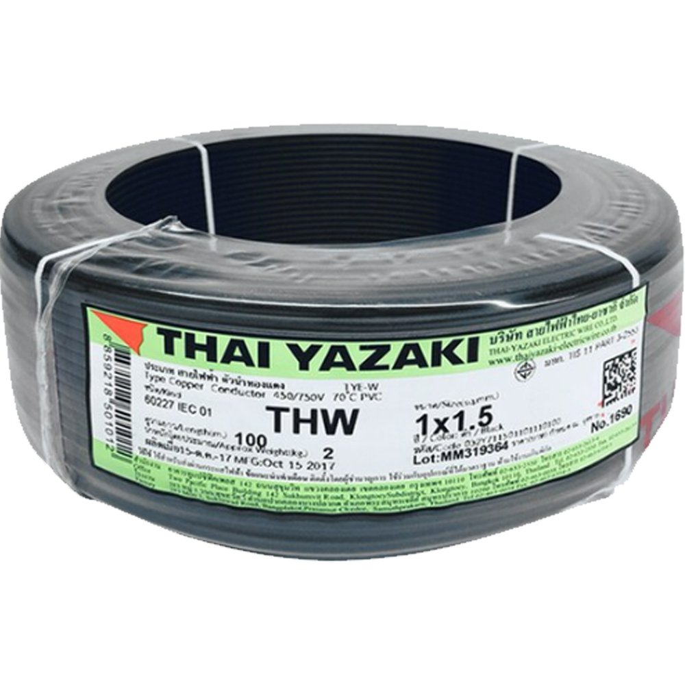 THAI YAZAKI สายไฟทองแดง THW 1x1.5 ความยาว 100เมตร เบอร์ 1.5 ยาซากิ YAZAKI แกนเดียว สินค้าราคารวมภาษี