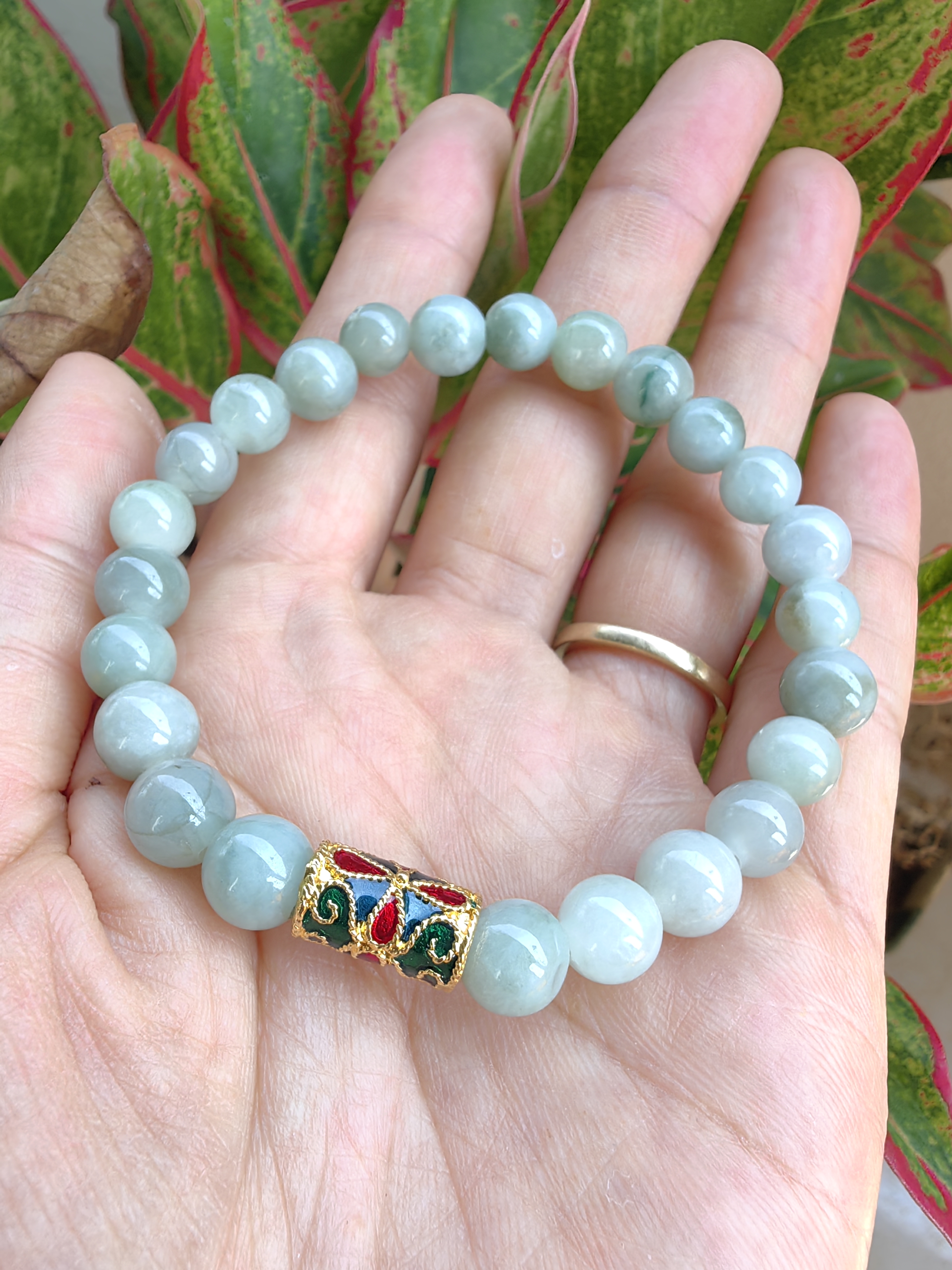 Burmese Jadeite Bracelets Thai Enamel Gold plated 8 mm. สร้อยข้อมือหยกพม่า ลงยาสุโขทัย กลม 8 มม. Free Size