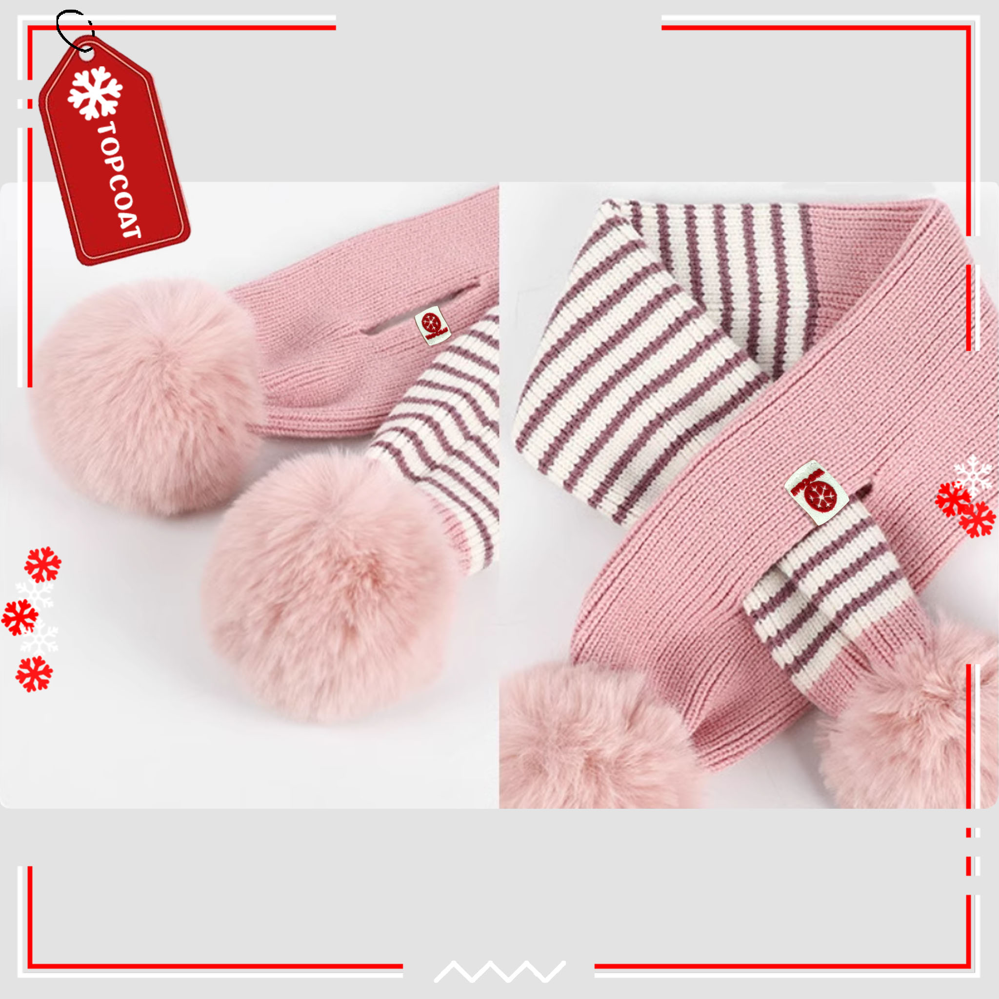 เซ็ทถุงมือ หมวกและผ้าพันคอแบบสวมสำหรับเด็กลายเส้น มีจุกเฟอร์ตกเเต่งที่หมวกและผ้าพันคอ