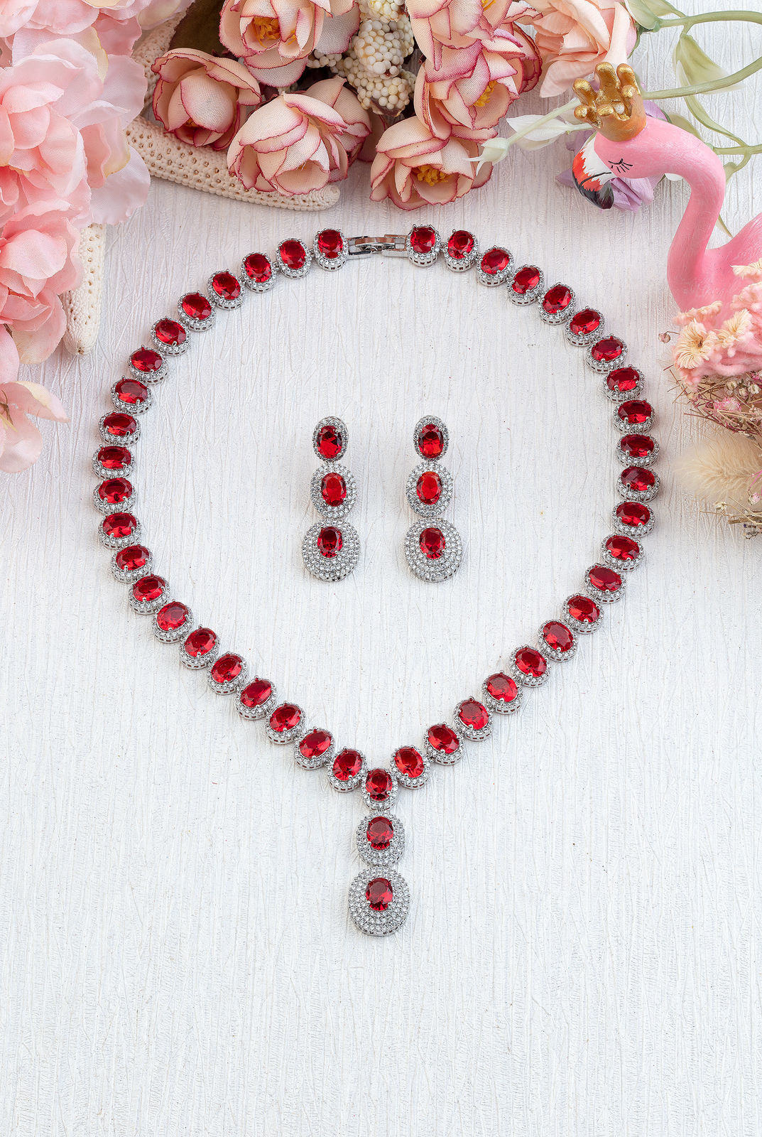 RUBY DIAMOND 18K WHITE GOLD NECKLACE EARRING สร้อยคอ ต่างหู ทับทิม ล้อมเพชร ทอง 18K Pre-order