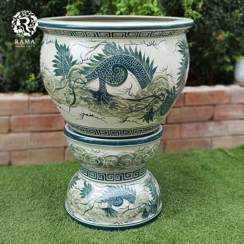 อ่างบัวขนาดใหญ่ พร้อมฐานรอง BLX1-STD ลายมังกรสี aqua blue