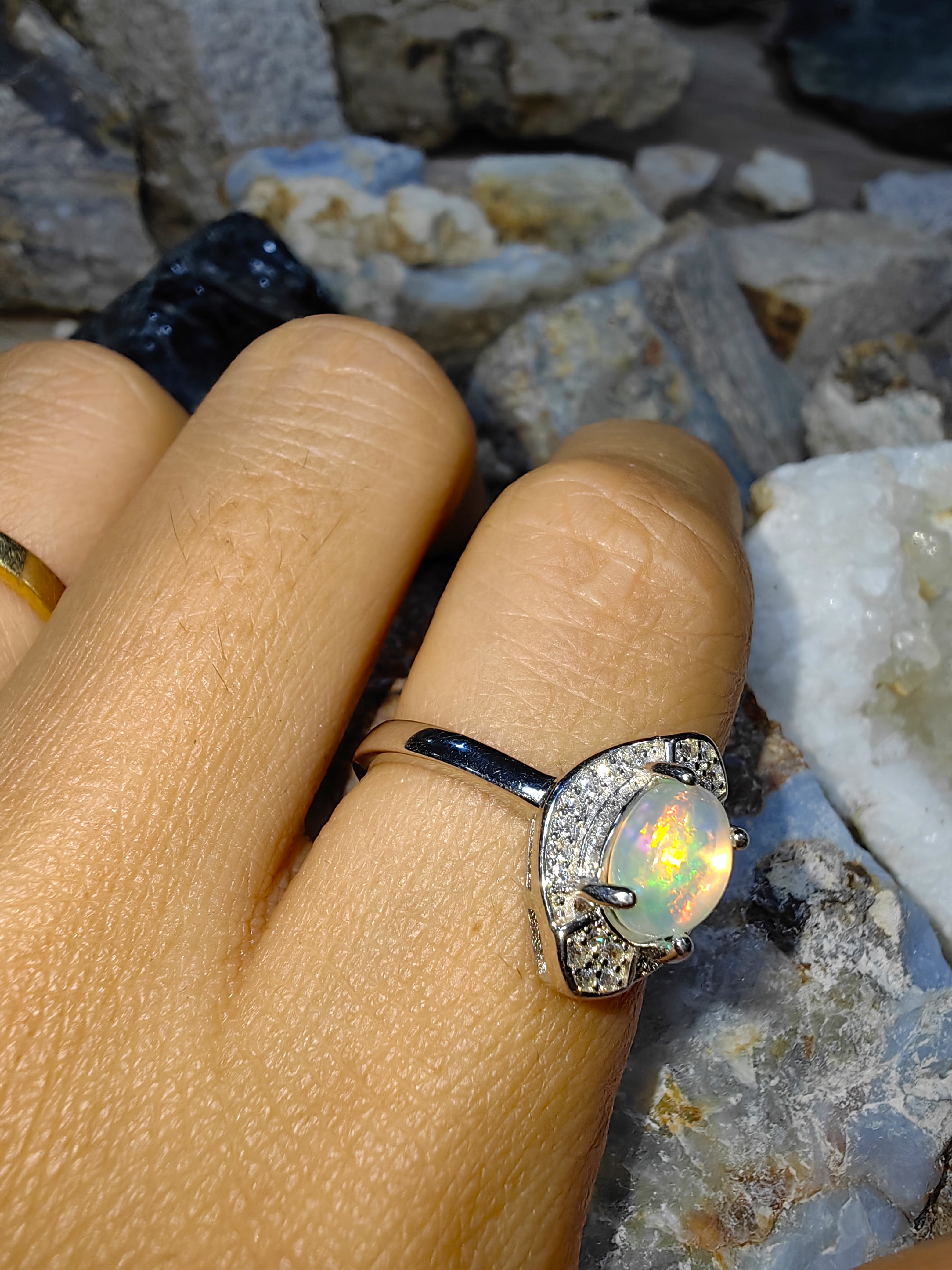 Opal, Swiss Diamond 925 Sterling Silver Ring แหวนโอปอ เพชรสวิส เงินแท้ 925 Size 54