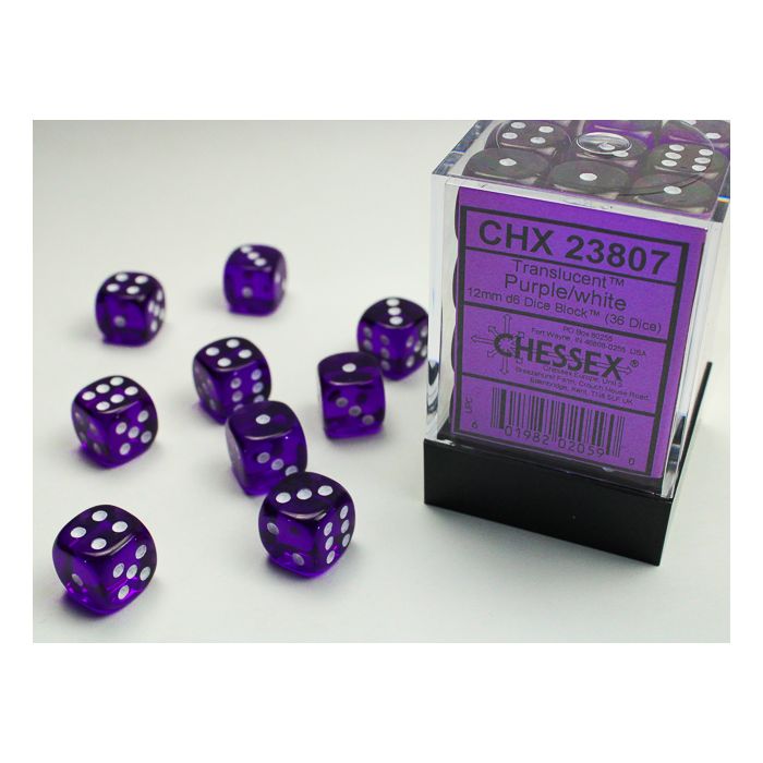 Chessex 12mm Translucent Purple & White Dice Set – 6 D6 For MTG, WoW, Pokemon