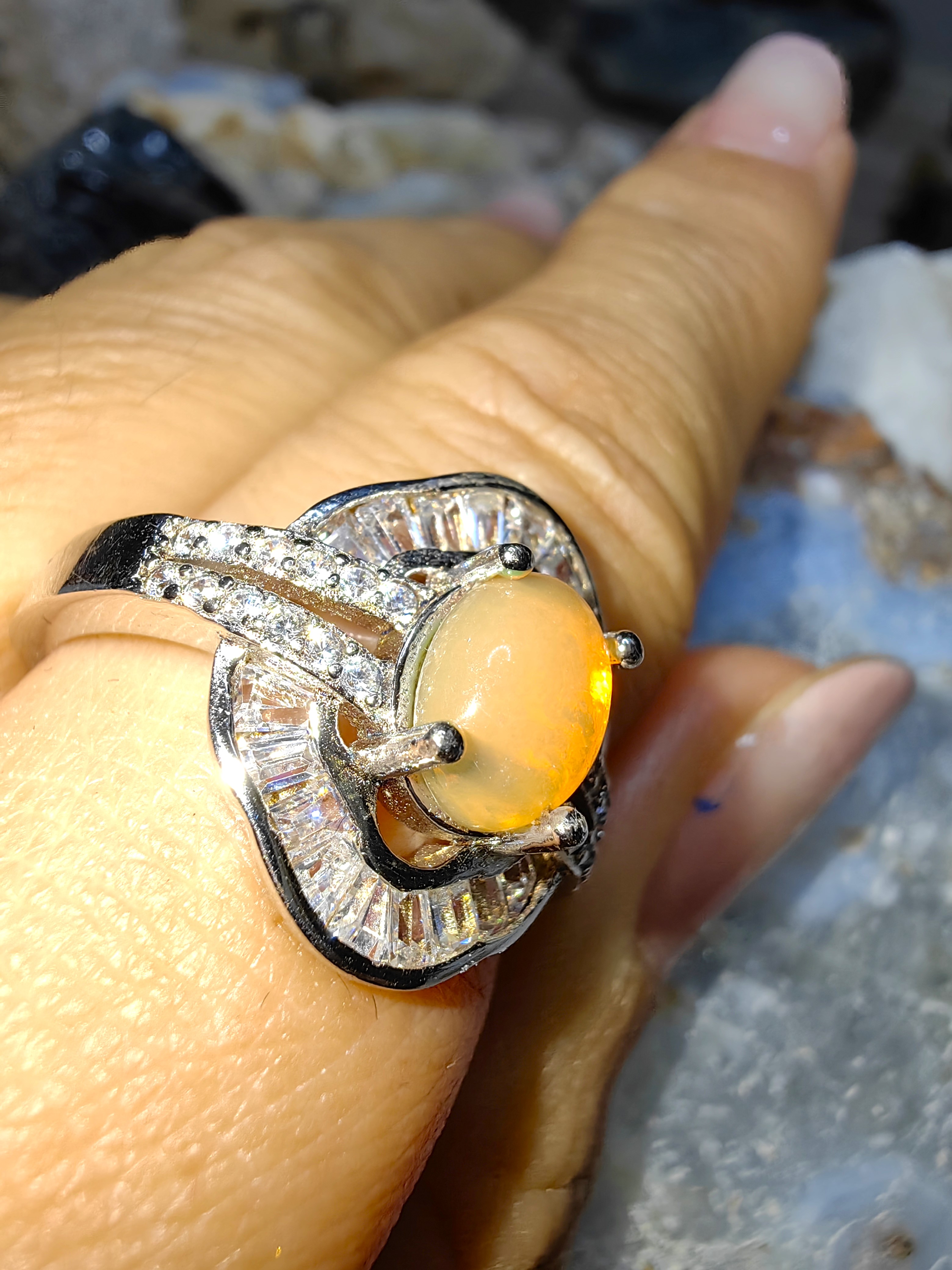 Opal, Swiss Diamond 925 Sterling Silver Ring แหวนโอปอ เพชรสวิส เงินแท้ 925 Size 52